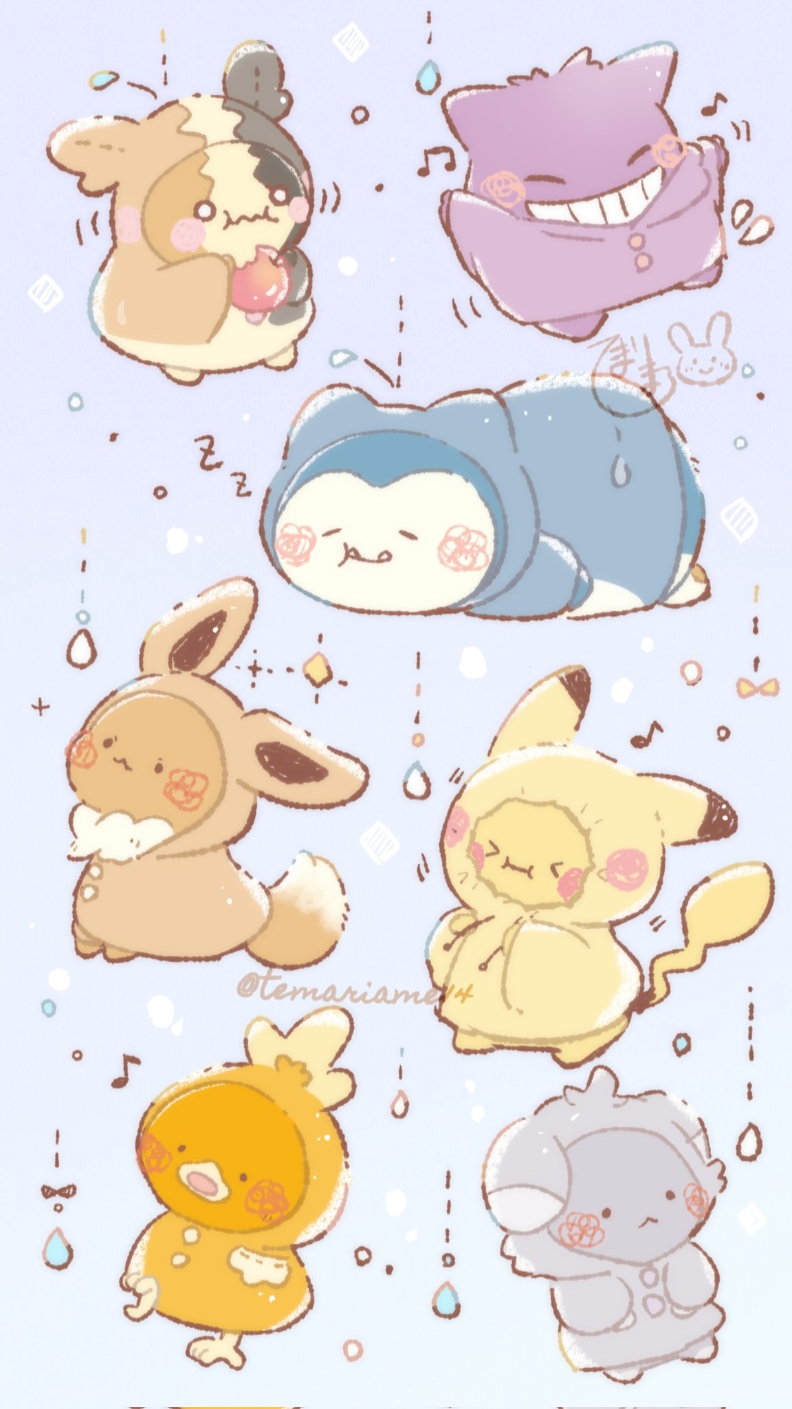 temariame14, eevee, espurr, gengar, morpeko, morpeko (full), pikachu, snorlax, torchic, nintendo, pokemon, commentary request, highres, > <, apple, blue background, blush, closed mouth, food, fruit, gen 1 pokemon, gen 3 pokemon, gen 6 pokemon, gen 8 pokemon, holding, holding food, holding fruit, musical note, no humans, pokemon (creature), pokemon focus, smile, zzz