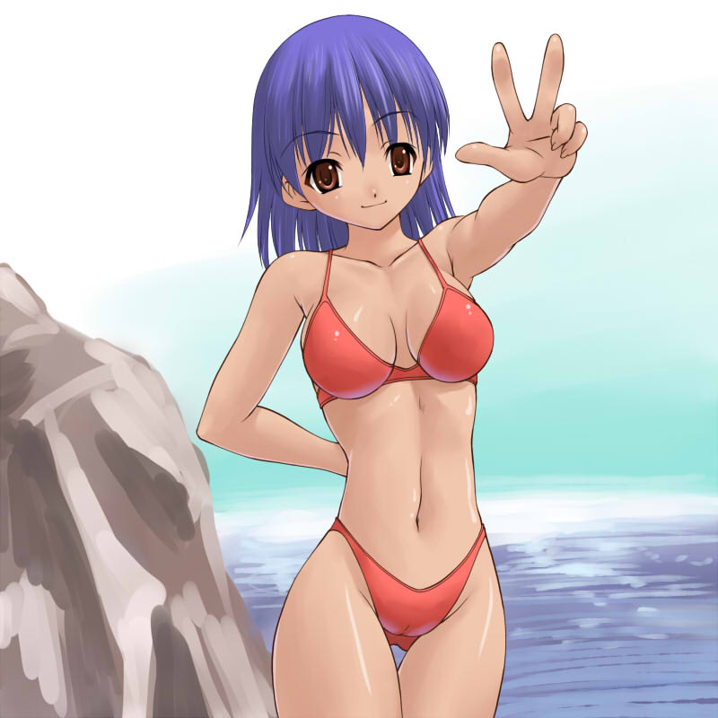 mashue, 1girl, beach, bikini, breasts, cameltoe, female focus, gluteal fold, head tilt, large breasts, looking at viewer, ocean, orange bikini, outdoors, solo, swimsuit, thigh gap, v, water