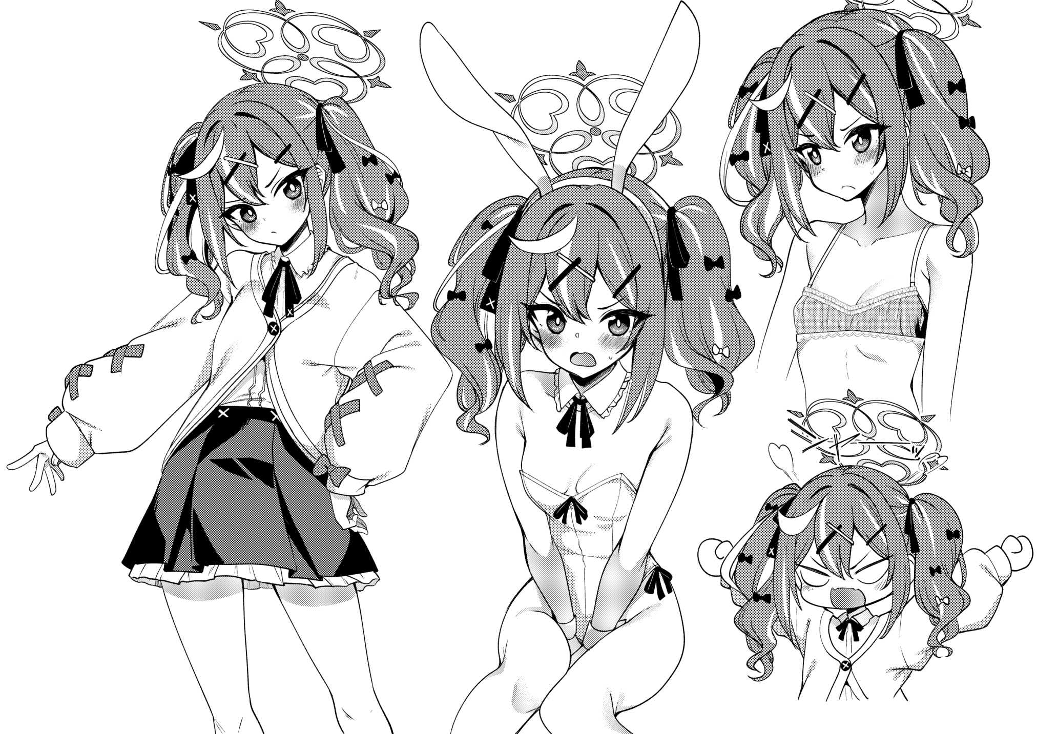 gokubuto mayuge, rena (blue archive), blue archive, commentary request, highres, 1girl, animal ear hairband, animal ears, between legs, blush, bow, bra, breasts, breasts apart, cardigan, closed mouth, collarbone, collared shirt, double-parted bangs, embarrassed, empty eyes, fake animal ears, frown, hair bow, hair ornament, hair ribbon, hairband, hairclip, halo, hand between legs, leotard, long hair, looking at viewer, miniskirt, monochrome, multicolored hair, multiple views, neck ribbon, no shirt, open mouth, playboy bunny, rabbit ear hairband, rabbit ears, ribbon, school uniform, shirt, shirt tucked in, skirt, small breasts, streaked hair, sweatdrop, twintails, underwear, v-shaped eyebrows, wavy hair, wing collar, x hair ornament