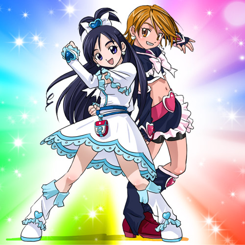 haruyama kazunori, cure black, cure white, misumi nagisa, yukishiro honoka, futari wa precure, precure, black footwear, white footwear, lowres, 00s, 2girls, bike shorts, boots, half updo, knee boots, magical girl, multiple girls, rainbow, rainbow background, role reversal, shorts, shorts under skirt