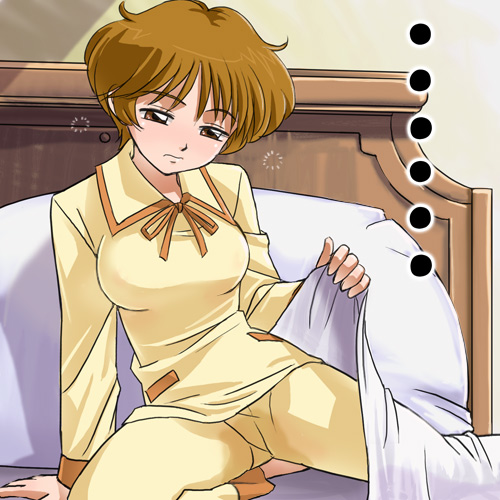 haruyama kazunori, mabel west, agatha christie no meitantei poirot to marple, lowres, 1girl, bed, bedwetting, breasts, brown eyes, brown hair, embarrassed, female focus, indoors, medium breasts, pajamas, panties, peeing, peeing self, pillow, sleepy, solo, underwear, waking up, wet, wet clothes, wet spot, yellow pajamas