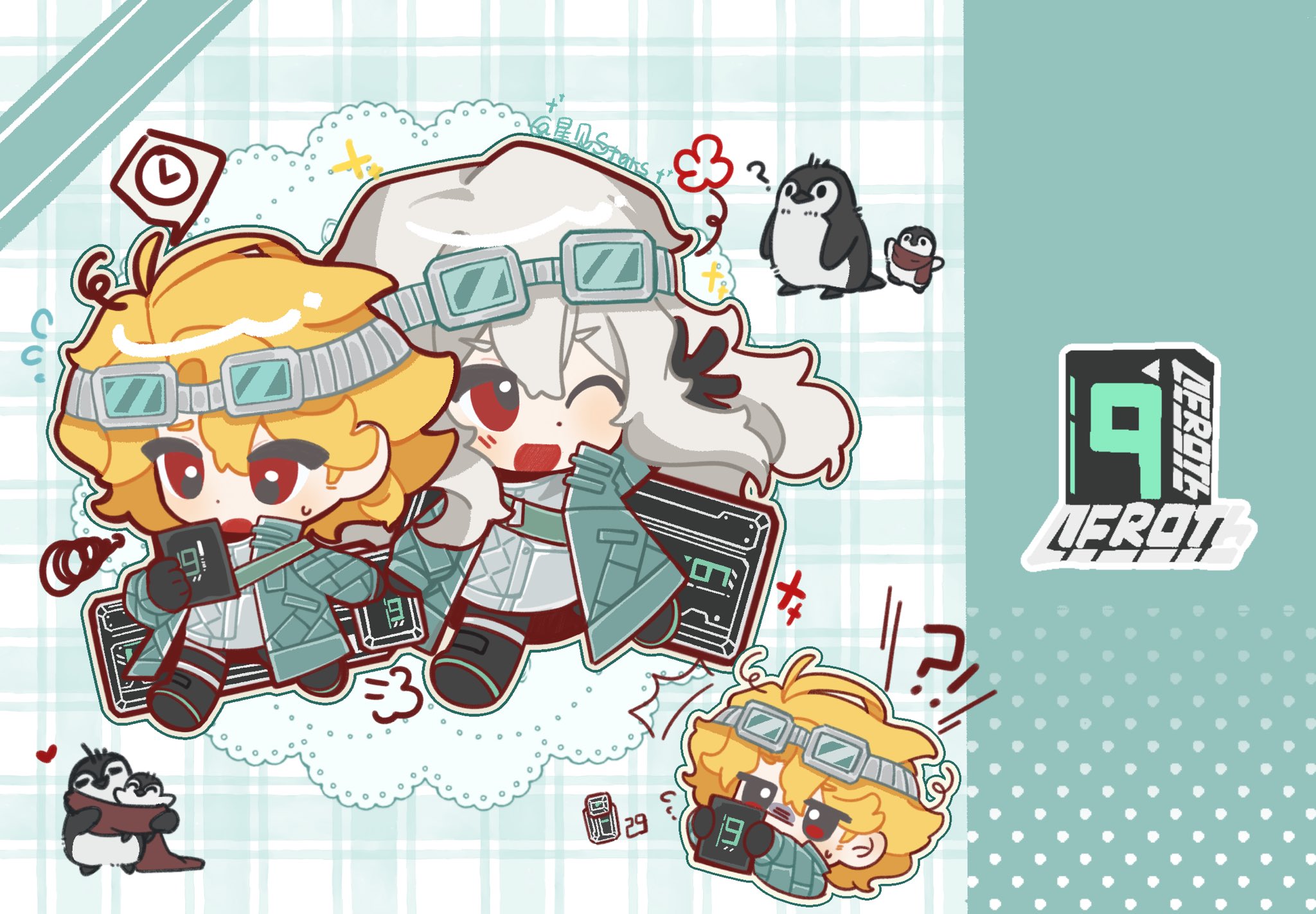 miliniboxx, don quixote (project moon), sancho (project moon), limbus company, project moon, highres, !?, 1boy, 1girl, aqua background, aqua coat, bird, black gloves, black shoes, blonde hair, chibi, coat, devyat' association north uniform, full body, gloves, goggles, goggles on head, holding, holding tablet pc, jacket under coat, la manchaland's don quixote (project moon), long hair, long sleeves, looking at animal, looking at viewer, open mouth, penguin, red eyes, shoes, short hair, simple background, standing, tablet pc, white hair
