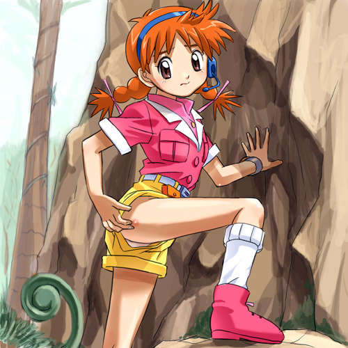 haruyama kazunori, misa (dino-planet), kyouryuu wakusei, white legwear, lowres, blouse, boots, braid, bug bite, panties, pink boots, pink shirt, shirt, shorts, solo, twin braids, underwear, upshorts