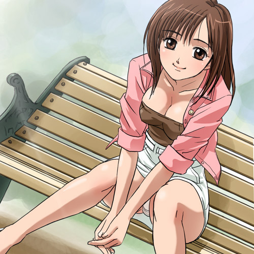 haruyama kazunori, yamazaki mizuho, shimane no bengoshi, lowres, bench, panties, pantyshot, sitting, solo, underwear