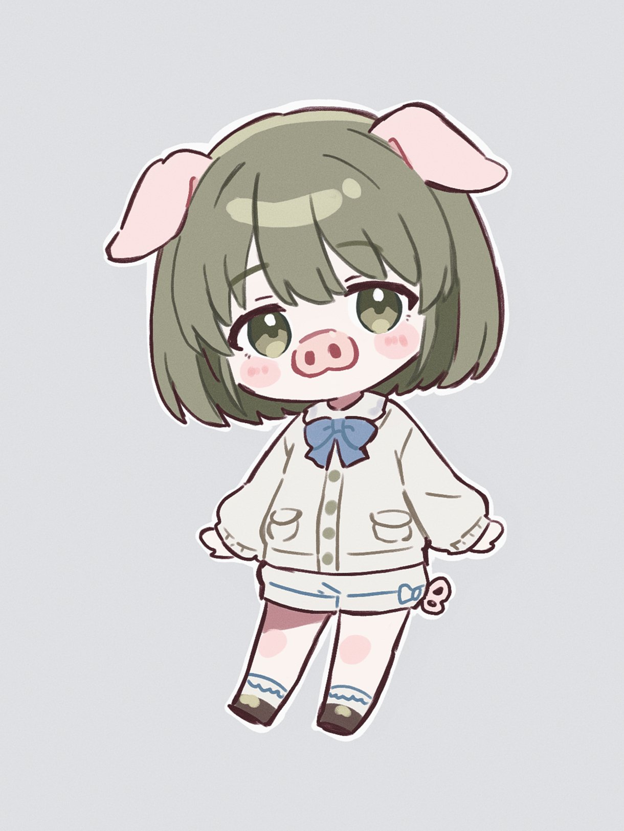 cobwvmeti, nanakusa nichika, idolmaster, idolmaster shiny colors, highres, 1girl, animal ears, animal nose, blue bow, blue bowtie, bow, bowtie, chibi, full body, green eyes, green hair, grey background, long sleeves, looking at viewer, no mouth, outline, pig ears, pig nose, short hair, shorts, simple background, solo, standing, white outline