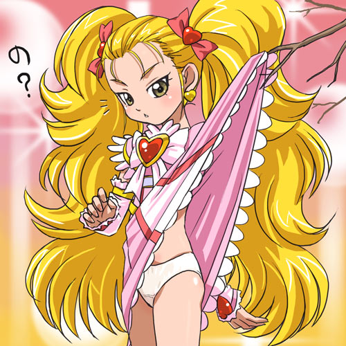 haruyama kazunori, kujou hikari, shiny luminous, futari wa precure, futari wa precure max heart, precure, lowres, 00s, ?, big hair, brooch, clothes lift, heart, heart brooch, jewelry, panties, pantyshot, skirt, skirt lift, solo, twintails, underwear