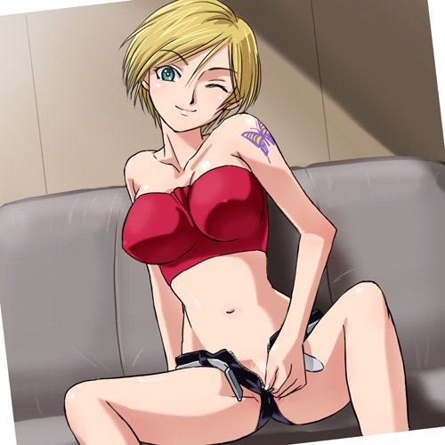 haruyama kazunori, rebecca lambert, lupin iii, tms entertainment, lowres, 1girl, bandeau, bandeau bikini, female focus, female pubic hair, one eye closed, pubic hair, solo, strapless, tattoo, tube top, unzipped, unzipping, wink