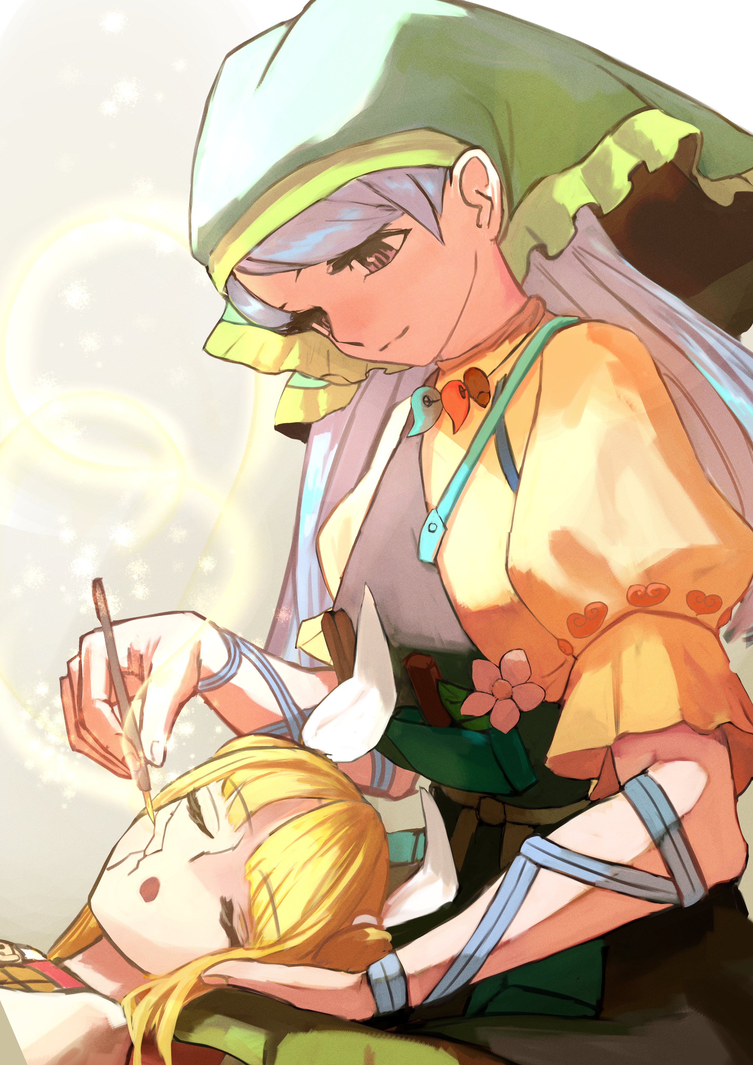 mizuki 0630, haniyasushin keiki, joutouguu mayumi, touhou, absurdres, highres, 2girls, apron, belt, blonde hair, blue hair, bow, brown eyes, closed eyes, closed mouth, dress, frilled sleeves, frills, green apron, green headscarf, hair bow, headscarf, jewelry, lap pillow, long hair, magatama, magatama necklace, multiple arm straps, multiple girls, necklace, short sleeves, single strap, tools, white bow, yellow dress