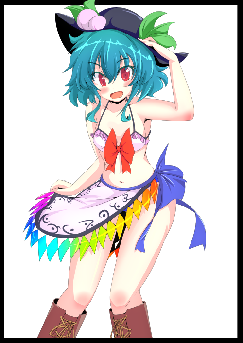 hatsuse rui, hinanawi tenshi, tenco's story, touhou, commentary request, 1girl, adapted costume, apron, bikini, black border, black hat, blue hair, blush, boots, border, bow, breasts, brown boots, feet out of frame, hand on headwear, hat, hat ornament, leaf hat ornament, looking at viewer, medium hair, navel, open mouth, peach hat ornament, rainbow gradient, red bow, red eyes, simple background, small breasts, smile, solo, standing, swimsuit, waist apron, white apron, white background, white bikini