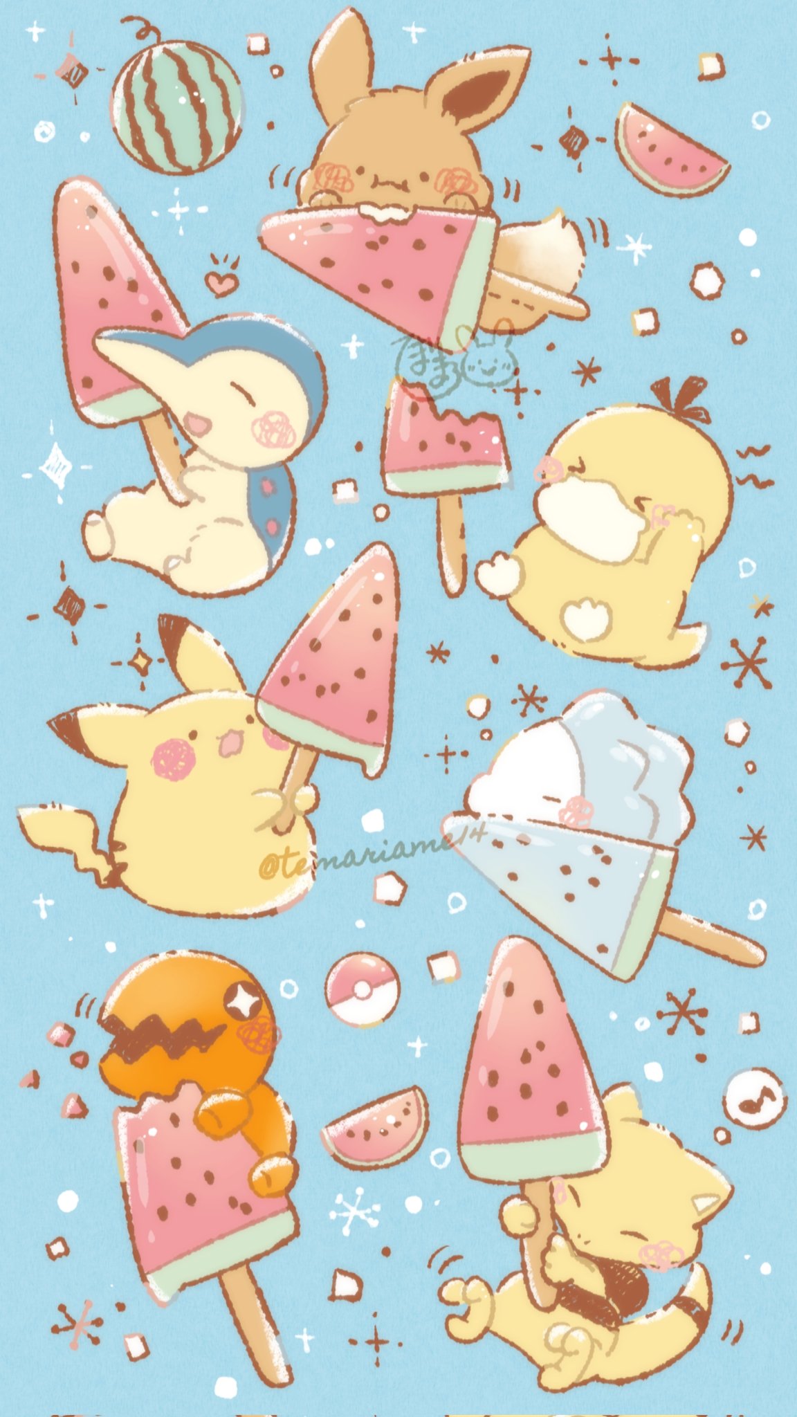 temariame14, abra, cyndaquil, eevee, pikachu, psyduck, snom, trapinch, nintendo, pokemon, commentary request, highres, aqua background, food, fruit, gen 1 pokemon, gen 2 pokemon, gen 3 pokemon, gen 8 pokemon, holding, holding food, holding popsicle, no humans, open mouth, poke ball, poke ball (basic), pokemon (creature), pokemon focus, popsicle, watermelon