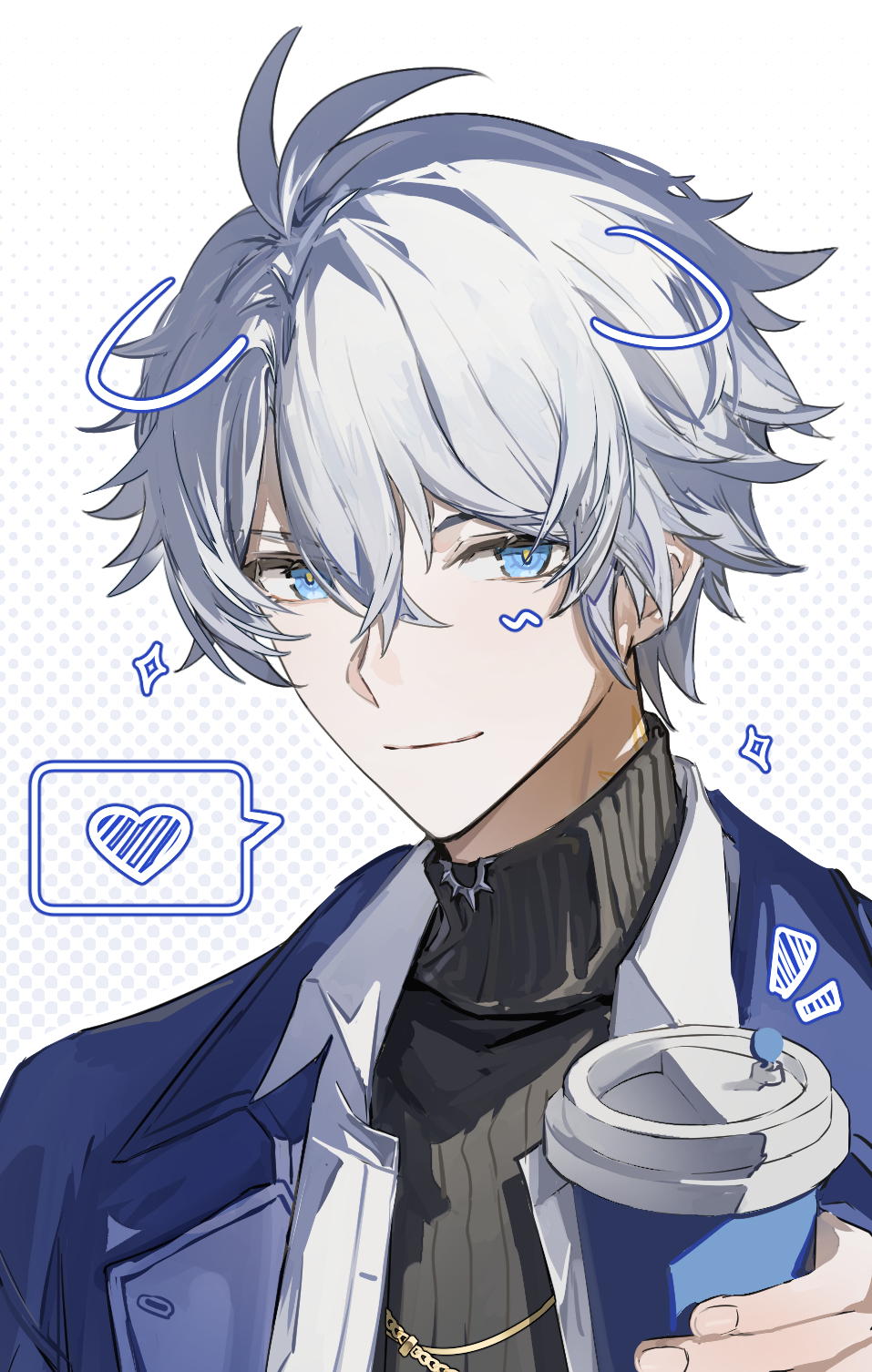 yiyiyiyi670, phainon (honkai: star rail), honkai: star rail, honkai (series), highres, 1boy, antenna hair, black sweater, blue coat, blue eyes, coat, crossed bangs, cup, grey hair, hair between eyes, hand up, holding, holding cup, jewelry, looking at viewer, male focus, necklace, official alternate costume, open clothes, open coat, open shirt, parted bangs, phainon (luckin coffee) (honkai: star rail), shirt, short hair, smile, solo, sweater, turtleneck, turtleneck sweater, upper body, white shirt, yellow pupils