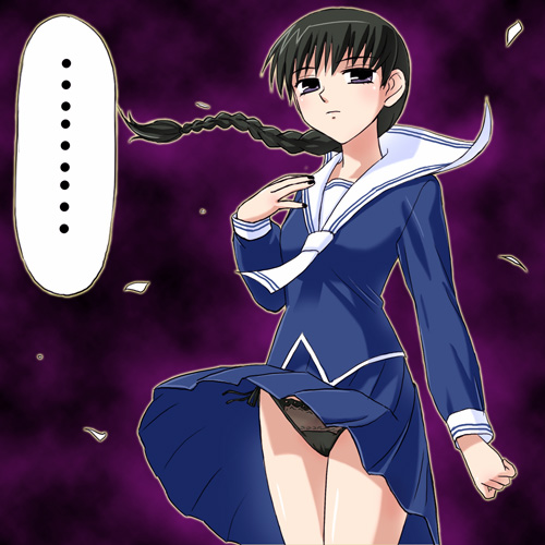 haruyama kazunori, hanajima saki, fruits basket, lowres, 1girl, black eyes, black hair, black panties, braid, female focus, gradient background, panties, pantyshot, school uniform, serafuku, single braid, solo, underwear, wind, wind lift