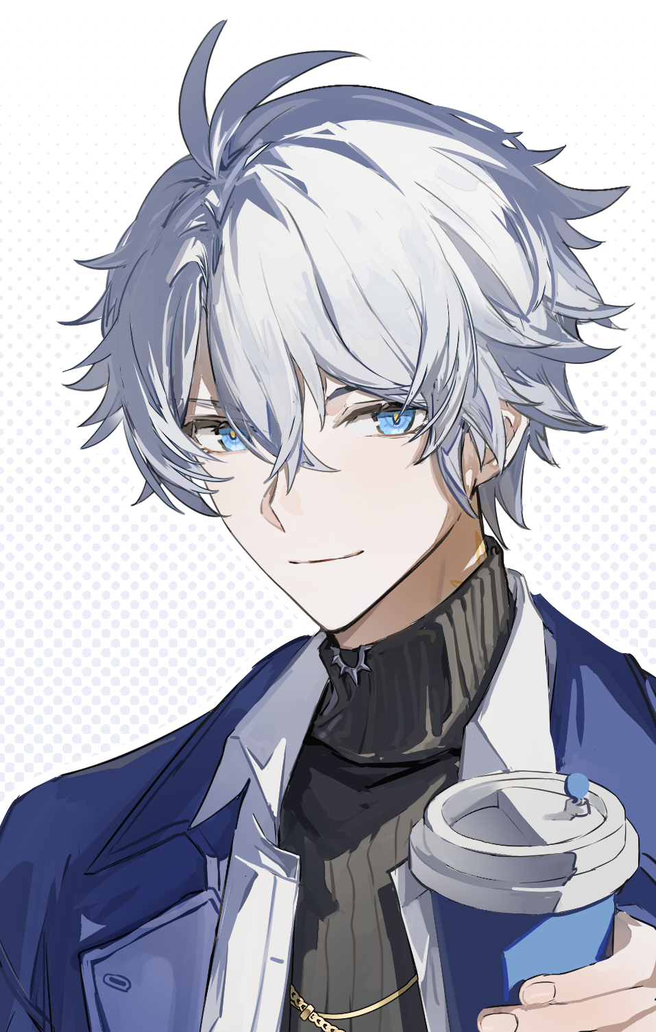 yiyiyiyi670, phainon (honkai: star rail), honkai: star rail, honkai (series), highres, 1boy, antenna hair, black sweater, blue coat, blue eyes, coat, crossed bangs, cup, grey hair, hair between eyes, hand up, holding, holding cup, jewelry, looking at viewer, male focus, necklace, official alternate costume, open clothes, open coat, open shirt, parted bangs, phainon (luckin coffee) (honkai: star rail), shirt, short hair, smile, solo, sweater, turtleneck, turtleneck sweater, upper body, white shirt, yellow pupils