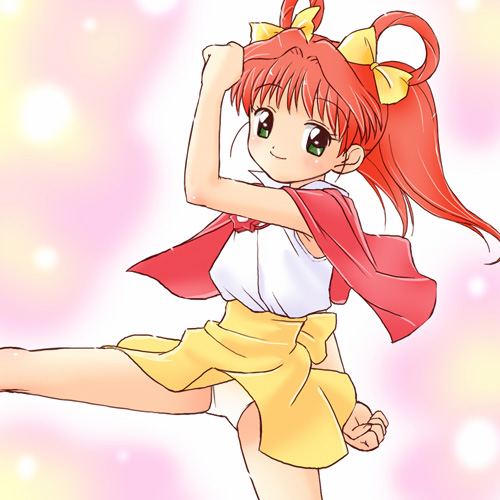 haruyama kazunori, tanaka youko, idol tenshi youkoso youko, lowres, 1990s (style), 1girl, blush, bow, cape, clenched hand, clenched hands, female focus, green eyes, hair bow, hair intakes, hair rings, kicking, long hair, panties, pantyshot, ponytail, red hair, retro artstyle, skirt, smile, solo, sparkle, twintails, underwear, white panties