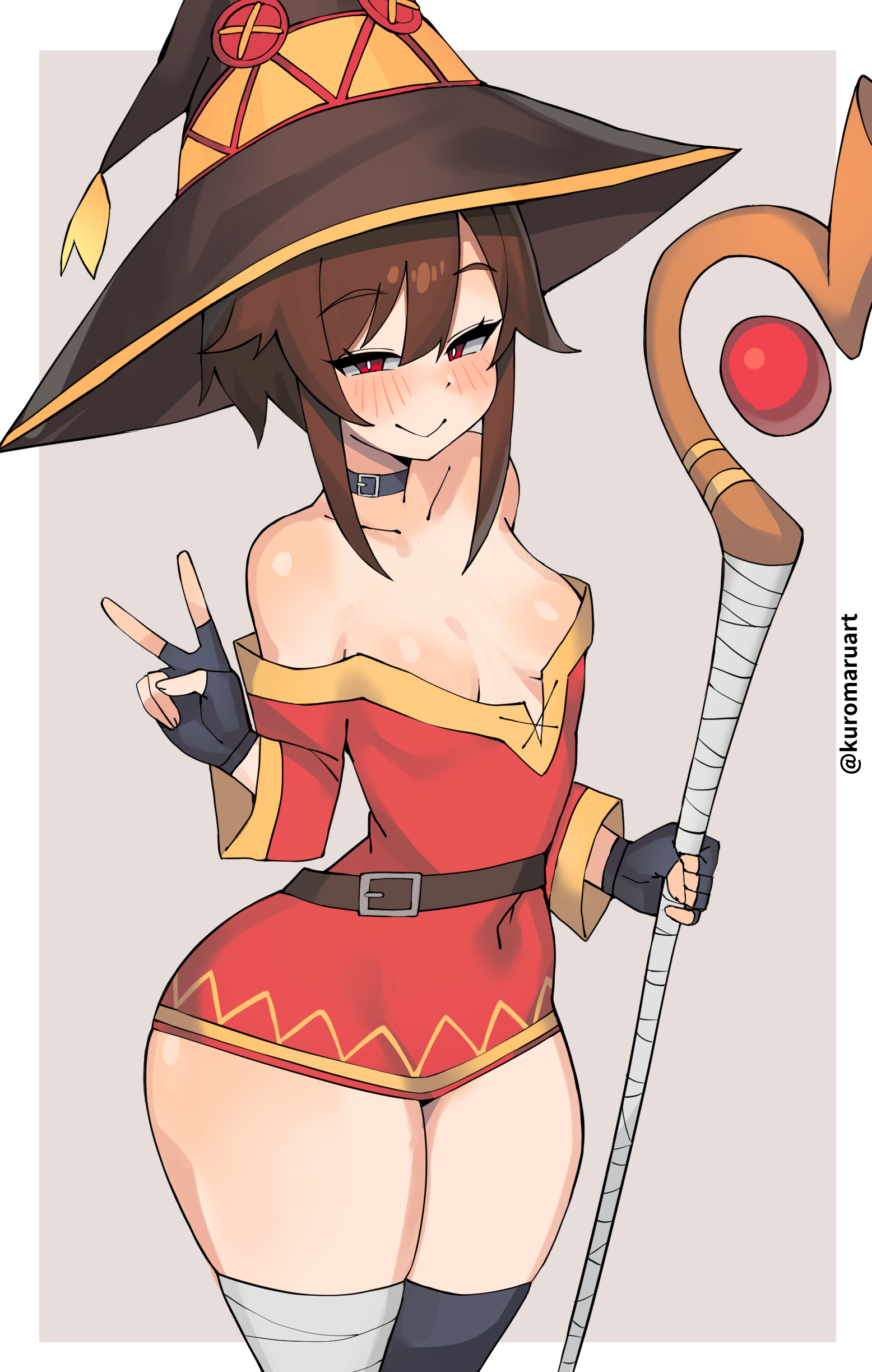 kuromaruart, megumin, kono subarashii sekai ni shukufuku wo!, 1girl, aged up, artist name, asymmetrical legwear, bandaged leg, bandages, bare hips, bare shoulders, belt, black gloves, black thighhighs, blush, breasts, brown belt, brown hair, brown hat, closed mouth, collarbone, dot nose, dress, eyebrows hidden by hair, eyelashes, female focus, fingerless gloves, from side, gloves, grey background, half-closed eyes, hands up, hat, holding, holding staff, long sleeves, looking at viewer, looking to the side, multicolored hat, naughty face, off-shoulder dress, off shoulder, red dress, red eyes, red hat, short hair with long locks, simple background, small breasts, smile, solo, staff, standing, thick thighs, thighhighs, thighs, two-tone background, two-tone dress, white background, wide hips, witch hat, yellow dress, yellow hat