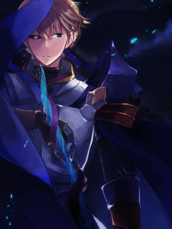 wane (ruki), royal guard (ragnarok online), ragnarok online, commentary request, 1boy, armor, black sclera, blonde hair, blue background, blue eyes, breastplate, closed mouth, cloud, colored sclera, expressionless, gauntlets, grey eyes, heterochromia, looking at viewer, magic, male focus, mismatched sclera, official alternate costume, pauldrons, short hair, shoulder armor, solo, upper body