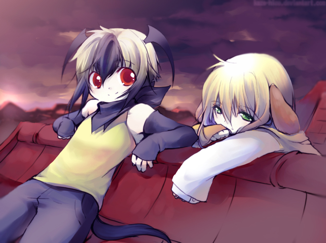 kaze-hime, original, animal ears, dog ears, dog tail, green eyes, red eyes, tail
