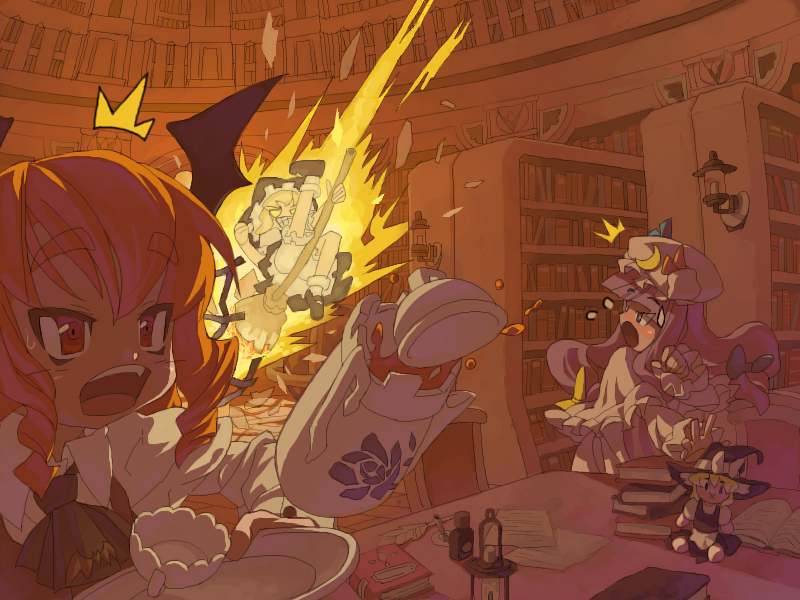 itsukia, kirisame marisa, koakuma, patchouli knowledge, embodiment of scarlet devil, touhou, 3girls, blonde hair, book, bookshelf, character doll, cup, doll, female focus, grin, hat, head wings, library, multiple girls, open mouth, smile, sweatdrop, tea, teacup, voile, wings, witch hat, x mouth