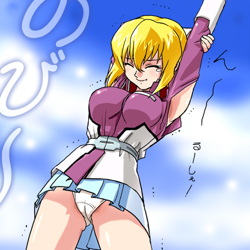 haruyama kazunori, stellar loussier, gundam, gundam seed, gundam seed destiny, lowres, 00s, blonde hair, cameltoe, cowboy shot, miniskirt, panties, skirt, solo, stretching, underwear