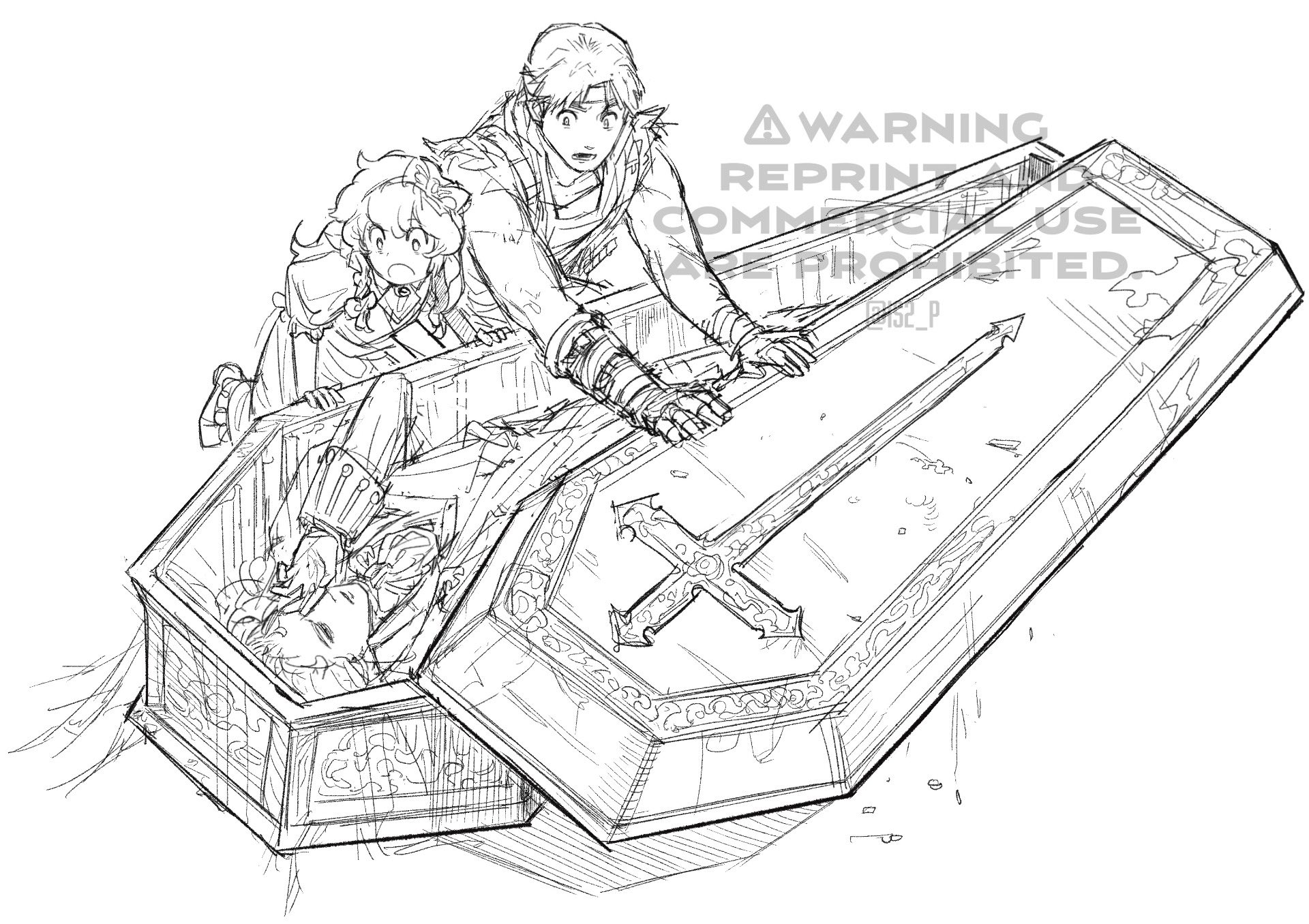 tanaka (is2 p), alucard (castlevania), maria renard, richter belmont, castlevania (series), 1girl, 2boys, coffin, monochrome, multiple boys, open mouth, sketch, waking up, watermark