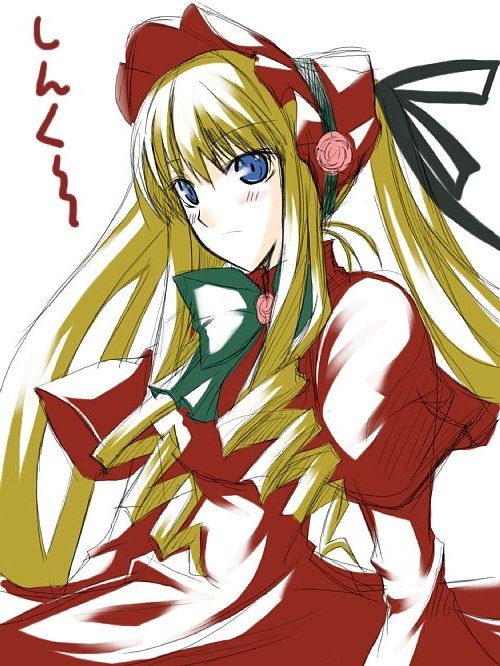 ribi, shinku, rozen maiden, 00s, 1girl, blonde hair, blue eyes, blush, bow, bowtie, closed mouth, cowboy shot, dress, expressionless, female focus, flower, green bow, green bowtie, juliet sleeves, long hair, long sleeves, looking afar, pink flower, pink rose, puffy long sleeves, puffy sleeves, red dress, rose, sidelocks, simple background, solo, twintails, very long hair, white background