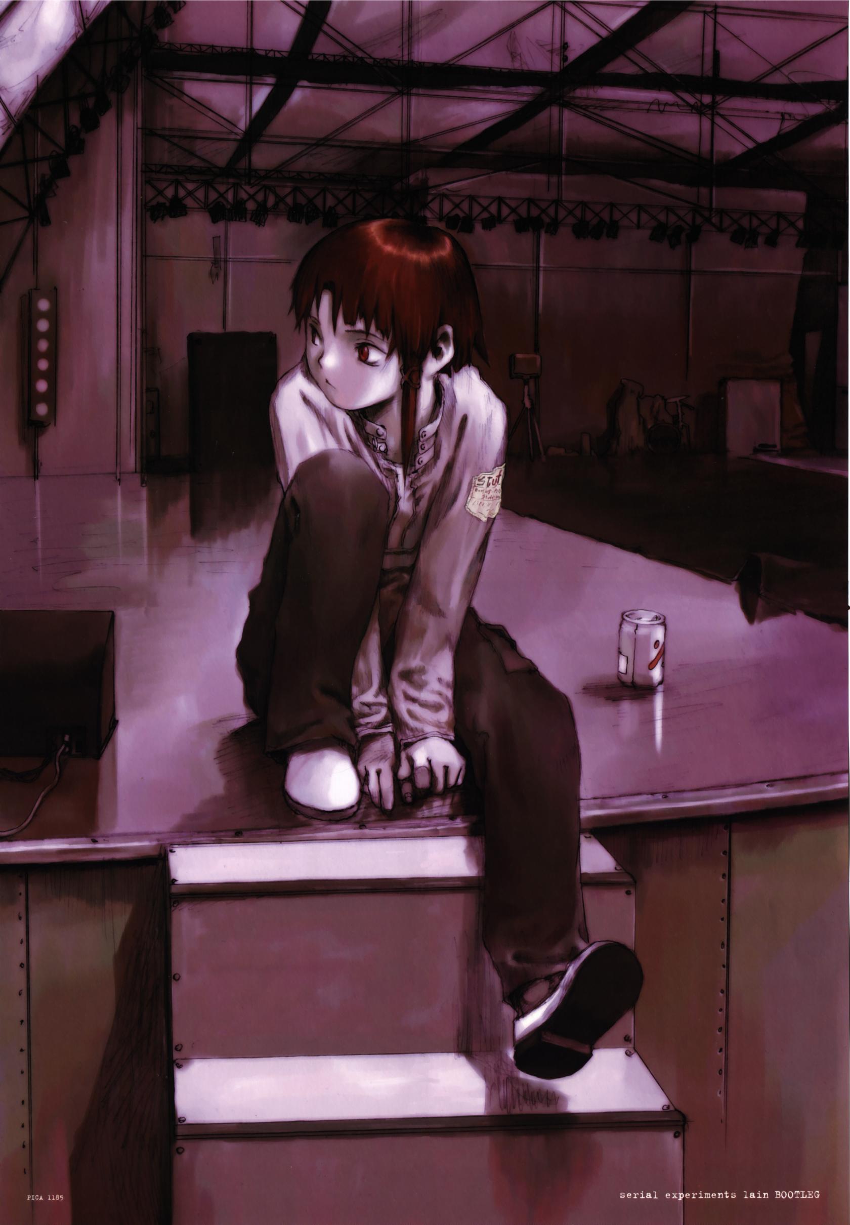 abe yoshitoshi, iwakura lain, serial experiments lain, absurdres, highres, official art, 1990s (style), 1girl, brown eyes, brown hair, can, english text, female focus, full body, hair ornament, hairclip, retro artstyle, short hair, sitting, solo