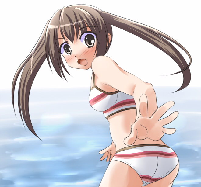 jun (aoerm), minami kana, minami-ke, 00s, 1girl, bikini, blush, brown eyes, brown hair, female focus, looking back, solo, striped bikini, striped clothes, swimsuit, twintails