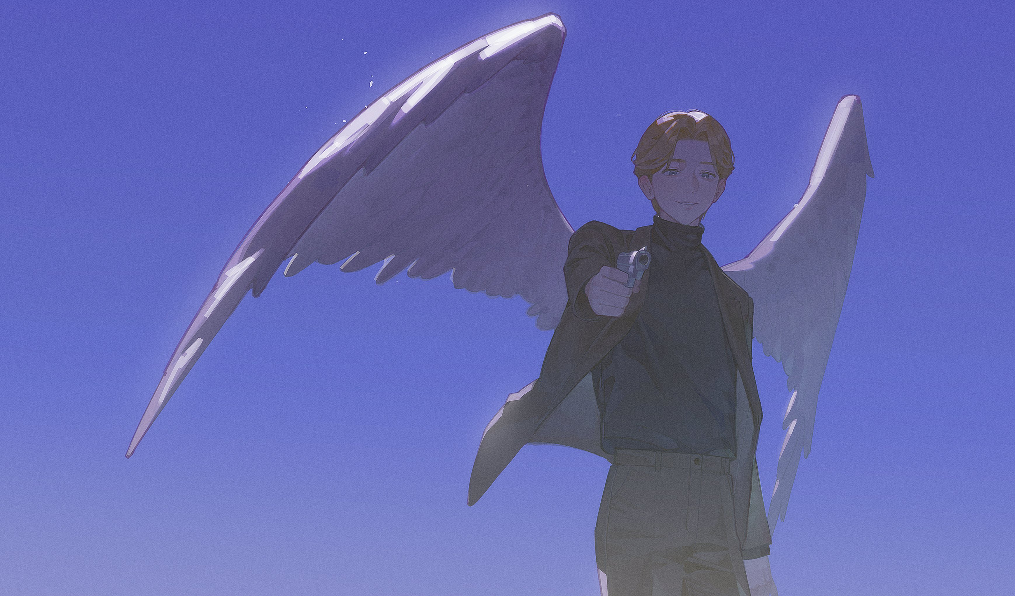 johan liebert, monster (manga), absurdres, commentary, commentary request, highres, korean commentary, 1boy, aiming, aiming at viewer, angel, angel wings, black coat, black shirt, blonde hair, blue eyes, closed mouth, coat, grey pants, gun, handgun, holding, holding gun, holding weapon, looking at viewer, male focus, open clothes, open coat, oripuding, outstretched arm, pants, parted hair, shirt, shirt tucked in, smile, solo, standing, turtleneck, weapon, white wings, wings