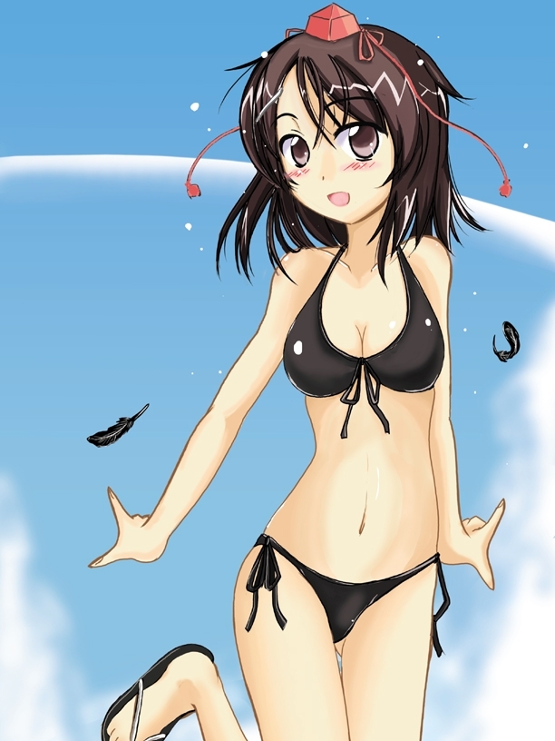 takaharu, shameimaru aya, touhou, 1girl, bikini, black bikini, blush, brown hair, feathers, female focus, flip-flops, hat, looking at viewer, open mouth, sandals, side-tie bikini bottom, smile, solo, swimsuit