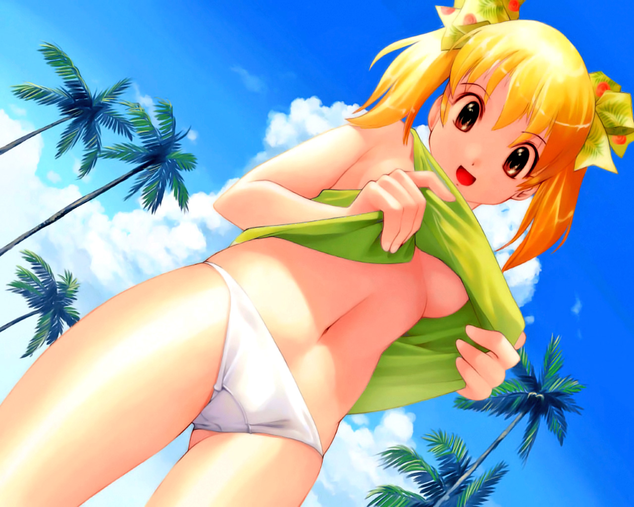iuro, character request, copyright request, source request, 1girl, bare shoulders, beach, blonde hair, breasts, clothes lift, cloud, coconut tree, cowboy shot, day, dot nose, dutch angle, female focus, from below, green shirt, hair ribbon, looking at viewer, looking down, medium hair, midriff, navel, outdoors, palm tree, panties, ribbon, shirt, shirt lift, short hair, sky, smile, solo, tree, twintails, underboob, underwear, white panties