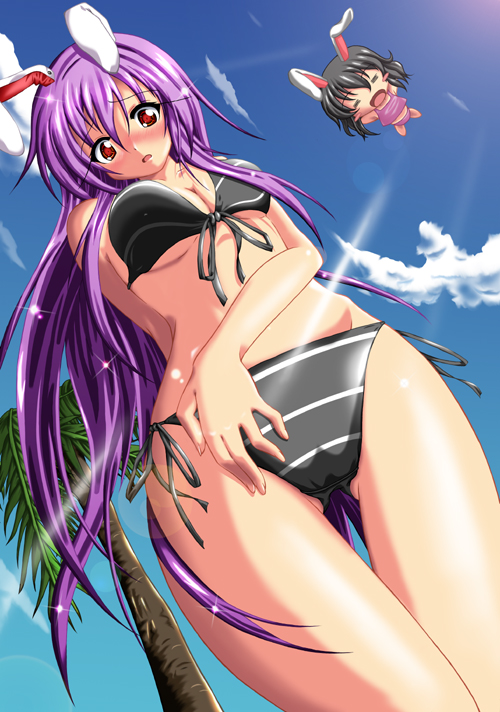 fuyuno taka, inaba tewi, reisen udongein inaba, touhou, 2girls, animal ears, bikini, blush, chibi, day, female focus, multiple girls, rabbit ears, shy, side-tie bikini bottom, striped bikini, striped clothes, swimsuit
