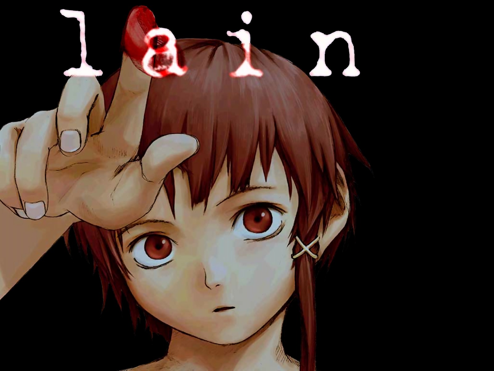 abe yoshitoshi, iwakura lain, serial experiments lain, highres, official art, official wallpaper, 1990s (style), 1girl, black background, blood, brown eyes, brown hair, english text, female focus, hair ornament, hairclip, portrait, retro artstyle, short hair, solo