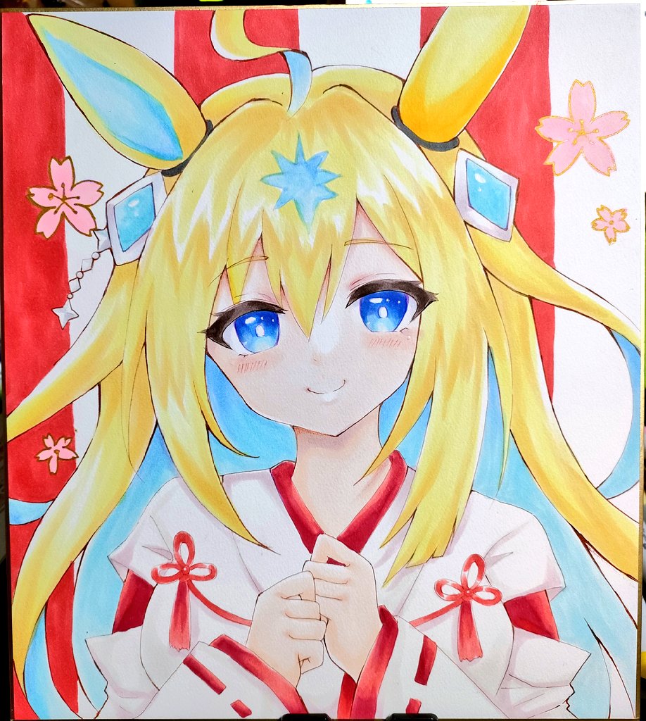 terimuku, neo universe (umamusume), umamusume, commentary request, photo (medium), traditional media, 1girl, ahoge, animal ears, blonde hair, blue eyes, blue hair, blush, closed mouth, horse ears, japanese clothes, kimono, long sleeves, looking at viewer, multicolored hair, ribbon-trimmed sleeves, ribbon trim, shikishi, sleeves past wrists, smile, solo, two-tone hair, upper body, white kimono, wide sleeves
