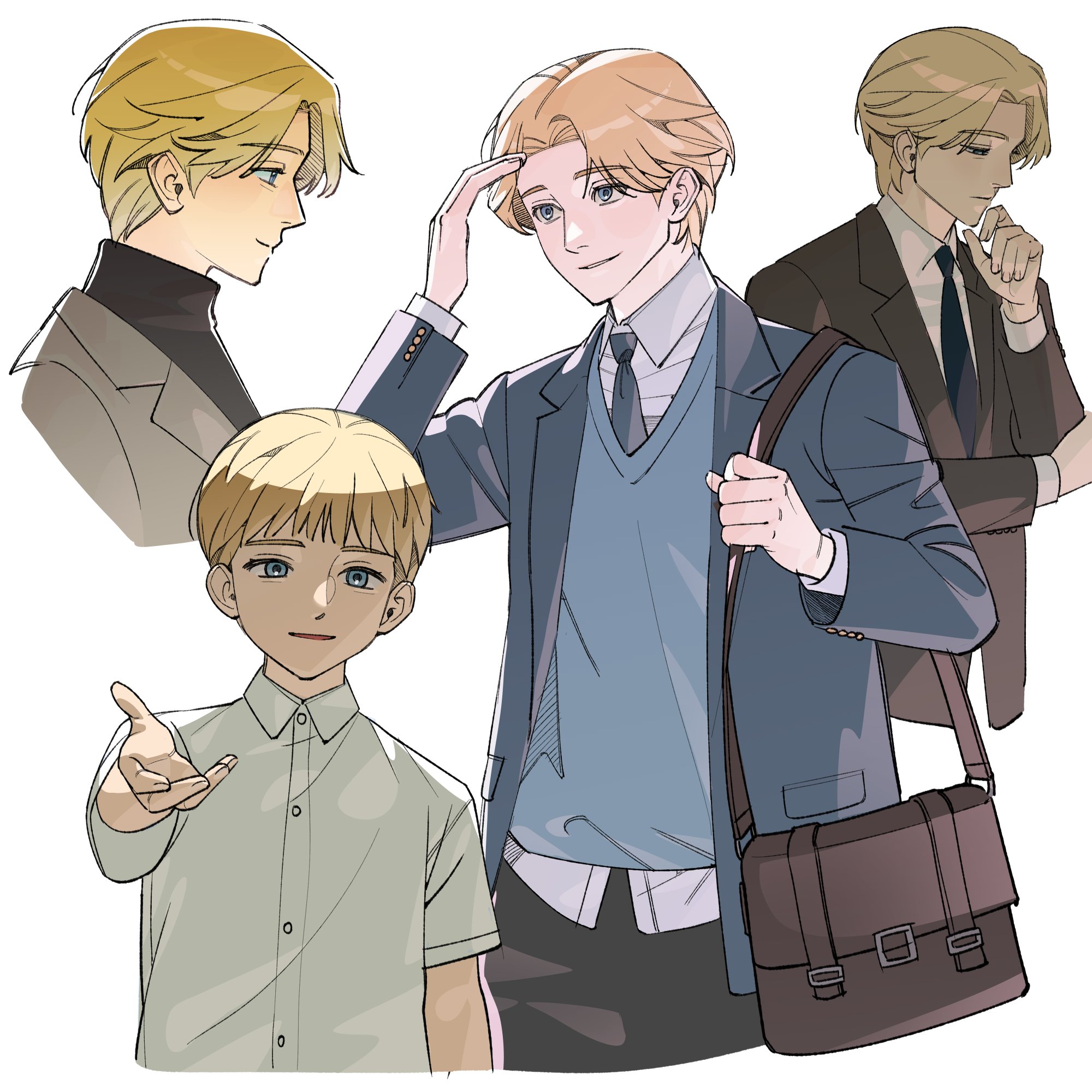 johan liebert, monster (manga), highres, adjusting hair, arm up, bag, black bag, black jacket, black pants, black shirt, blonde hair, blue jacket, blue sweater vest, collared shirt, cropped legs, cropped torso, grey jacket, hand to own mouth, jacket, lapels, layered sleeves, long sleeves, looking ahead, male focus, multiple views, oripuding, outstretched arm, pants, parted hair, parted lips, profile, reaching, reaching towards viewer, shirt, short hair, shoulder bag, simple background, smile, suit jacket, sweater vest, turtleneck, white background, white shirt, wing collar