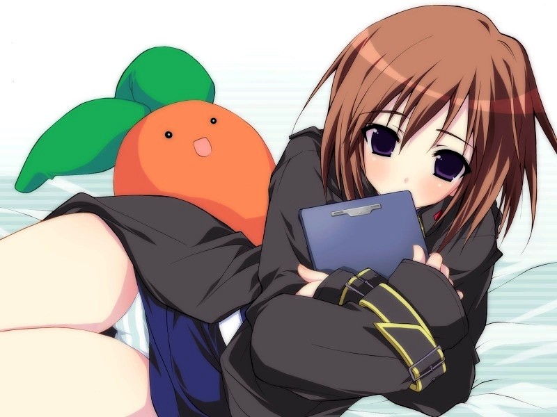 murakami suigun, kirishima kaori, moekan, 1girl, blush, brown hair, cameltoe, carrot, clipboard, doll, female focus, military, military uniform, panties, pantyshot, purple eyes, solo, striped clothes, striped panties, thighs, underwear