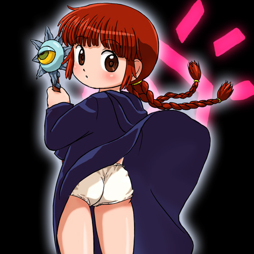 haruyama kazunori, kukuri (mahoujin guruguru), mahoujin guruguru, lowres, 1girl, ass, braid, eyeball, female focus, panties, pantyshot, solo, staff, twin braids, underwear