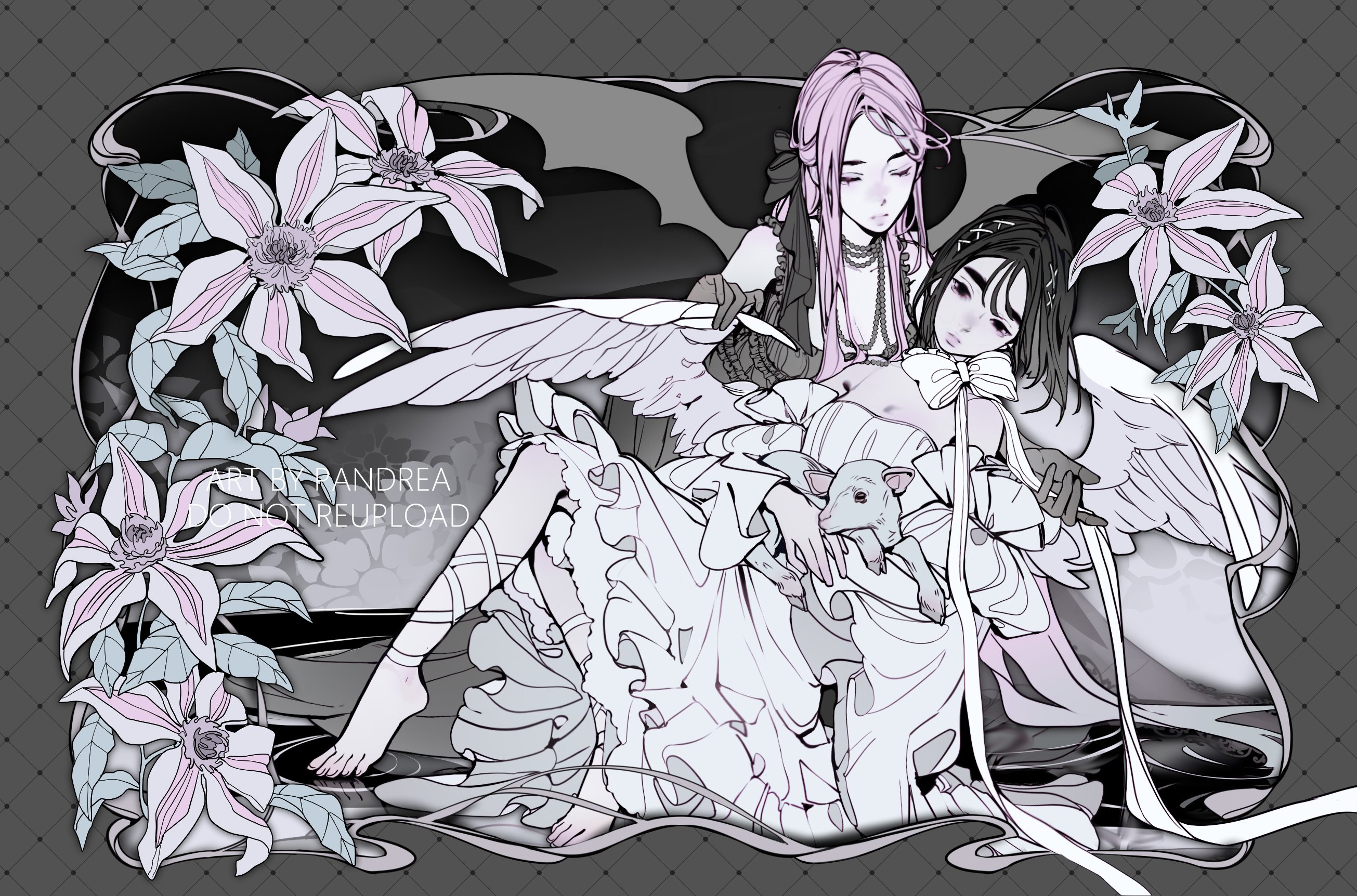 pandrea, mizi (alien stage), sua (alien stage), alien stage, commentary, highres, 2girls, artist name, baby animal, barefoot, black dress, black hair, black ribbon, clematis (flower), dress, feathered wings, flower, frilled dress, frills, hair ornament, hair ribbon, lamb, leg ribbon, long hair, multiple girls, off-shoulder dress, off shoulder, pink hair, ribbon, sheep, sleeveless, sleeveless dress, watermark, white dress, white ribbon, white wings, wings, x hair ornament