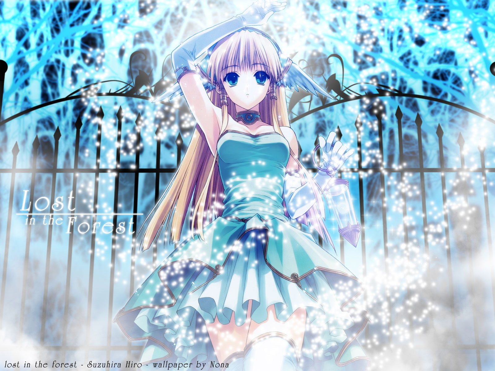 suzuhira hiro, highres, 1girl, angel, arm up, armpits, blonde hair, dress, female focus, frills, gathers, gloves, light particles, long hair, solo, thighhighs, wings, zettai ryouiki