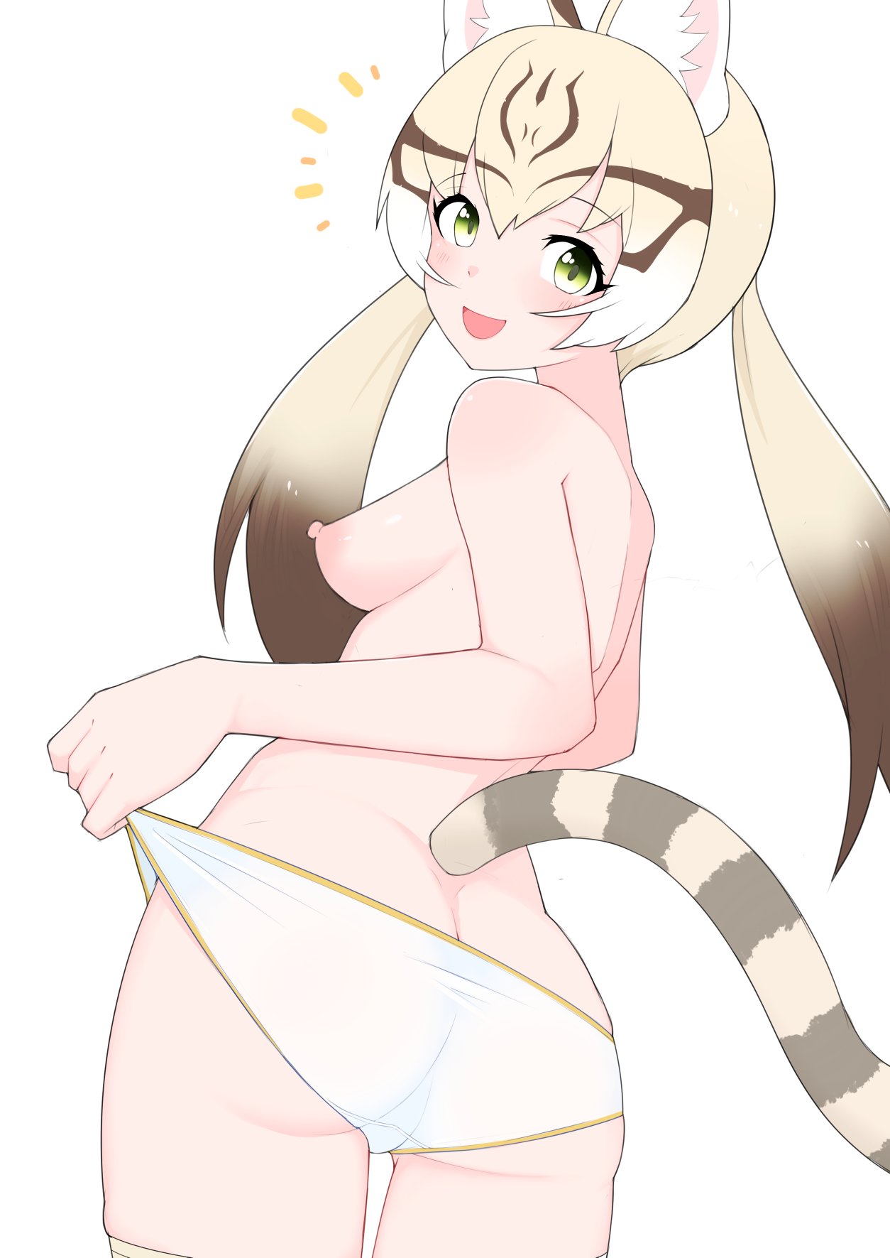 illu (illu stratos), geoffroy's cat (kemono friends), kemono friends, commentary, highres, symbol-only commentary, 1girl, animal ear fluff, animal ears, ass, back, blonde hair, blush, breasts, brown hair, cat ears, cat girl, cat tail, cowboy shot, from behind, gradient hair, green eyes, long hair, looking at viewer, looking back, medium breasts, multicolored hair, nipples, notice lines, open mouth, panties, simple background, smile, solo, tail, topless female, twintails, underwear, white background, white panties