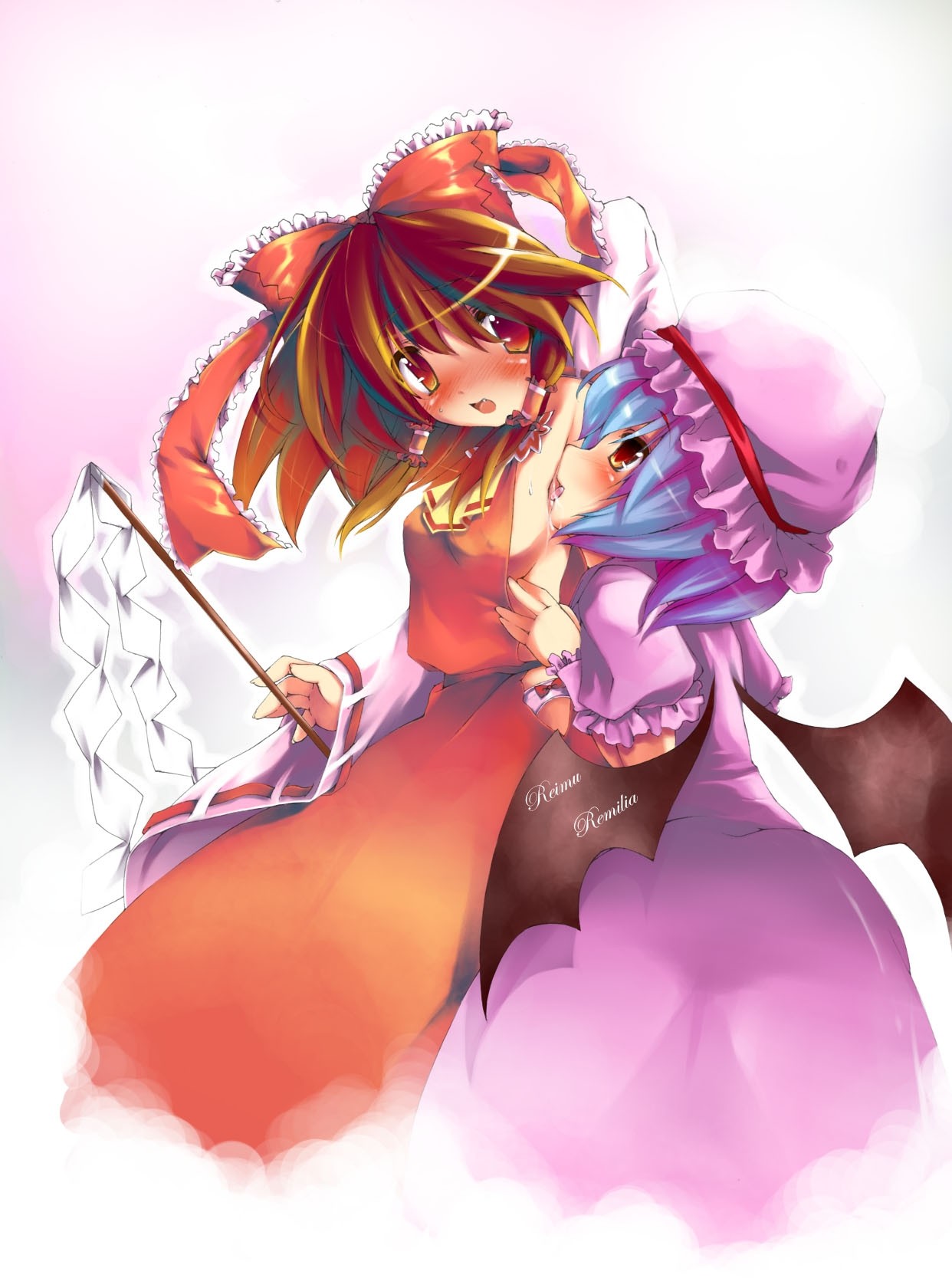 ren san, hakurei reimu, remilia scarlet, touhou, highres, 2girls, arm up, armpits, bat wings, blue hair, blush, bow, breasts, brown eyes, brown hair, character name, detached sleeves, dress, fang, female focus, fingernails, gohei, hair bow, hair tubes, hat, holding, japanese clothes, licking, licking armpit, long hair, miko, multiple girls, no bra, open mouth, saliva, short hair, sideboob, standing, tongue, vampire, wings, yuri