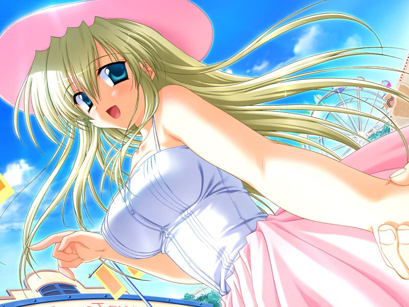 asaba yuu, sora kirishima, kimi to koishite musubarete, game cg, non-web source, 1girl, amusement park, blonde hair, blue eyes, blush, cloud, day, female focus, ferris wheel, happy, hat, holding hands, long hair, skirt, sky, smile, solo, solo focus, swimsuit