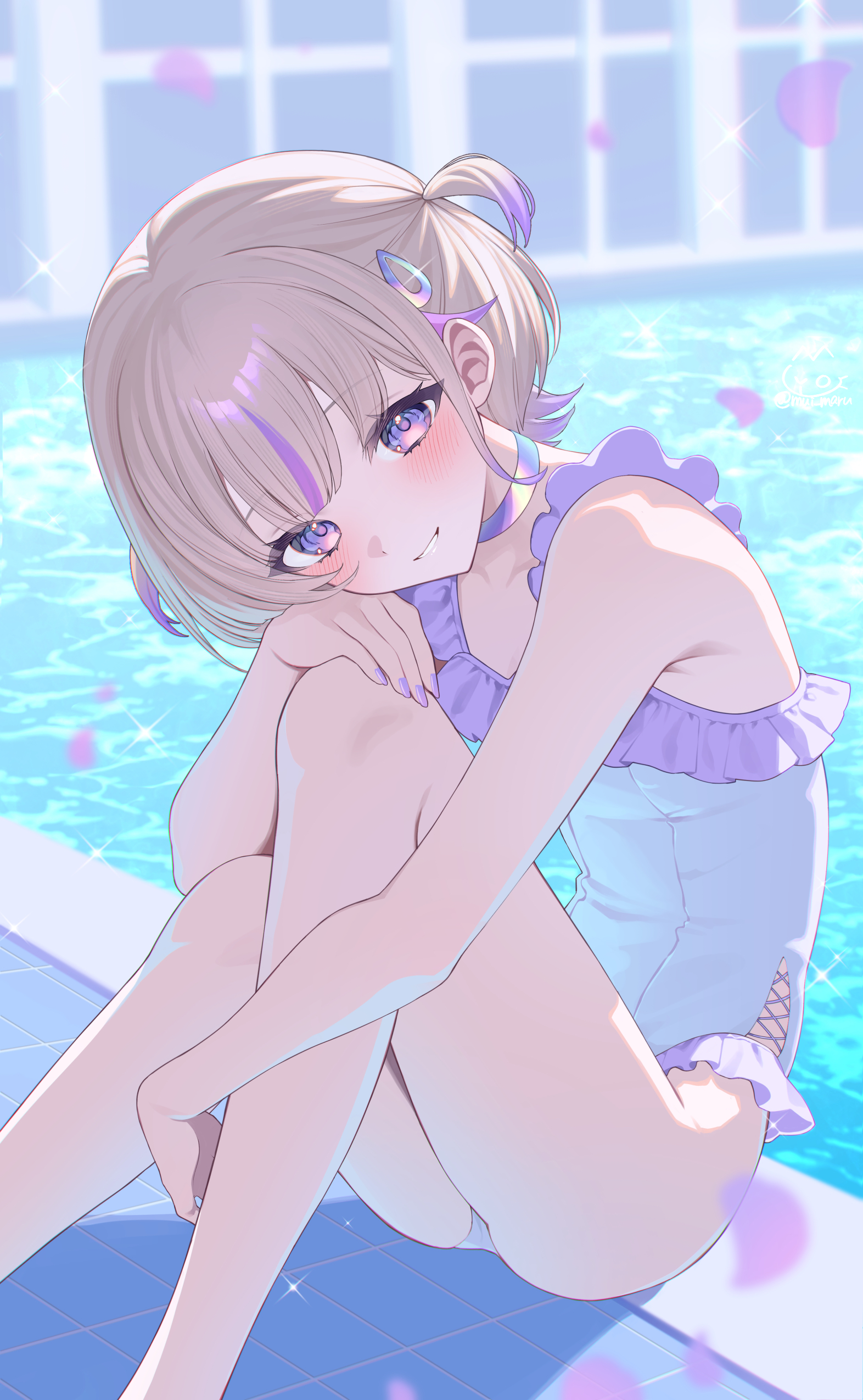 mui maru, todoroki hajime, hololive, hololive dev is, absurdres, commentary, highres, 1girl, alternate costume, blonde hair, blunt bangs, blush, breasts, casual one-piece swimsuit, choker, cross-laced slit, falling petals, frilled one-piece swimsuit, frills, grin, hair ornament, hairclip, hand on own knee, knees up, looking at viewer, multicolored hair, nail polish, one-piece swimsuit, petals, poolside, purple choker, purple eyes, purple hair, purple nails, short hair, sitting, small breasts, smile, solo, streaked hair, swimsuit, two side up, virtual youtuber, white one-piece swimsuit