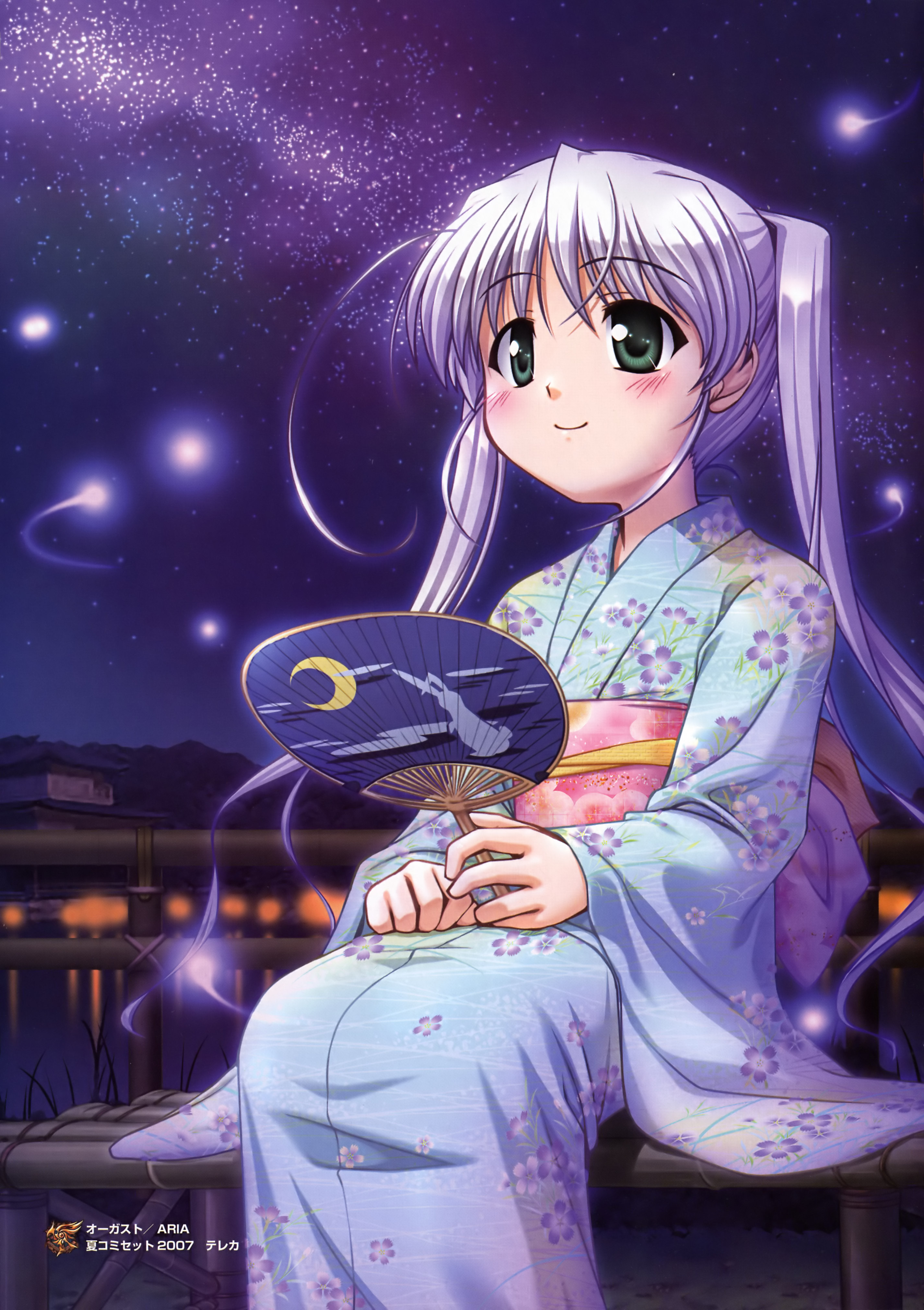 bekkankou, tougi shiro, fortune arterial, light purple hair, absurdres, highres, scan, 00s, 1girl, 2007, bamboo, blush, bug, crescent, crescent moon, female focus, fireflies, firefly, green eyes, hand fan, insect, japanese clothes, kimono, milky way, moon, night, pagoda, paper fan, rabbit, reflection, sitting, smile, solo, star (sky), uchiwa, water