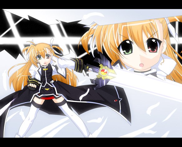 mad (hazukiken), fate testarossa, fate testarossa (impulse form), takamachi nanoha, takamachi nanoha (aggressor mode), vivio, lyrical nanoha, mahou shoujo lyrical nanoha, mahou shoujo lyrical nanoha strikers, md5 mismatch, 1girl, blonde hair, cosplay, fate testarossa (cosplay), female focus, heterochromia, letterboxed, orange hair, solo, sword, thighhighs, weapon, zettai ryouiki, zoom layer