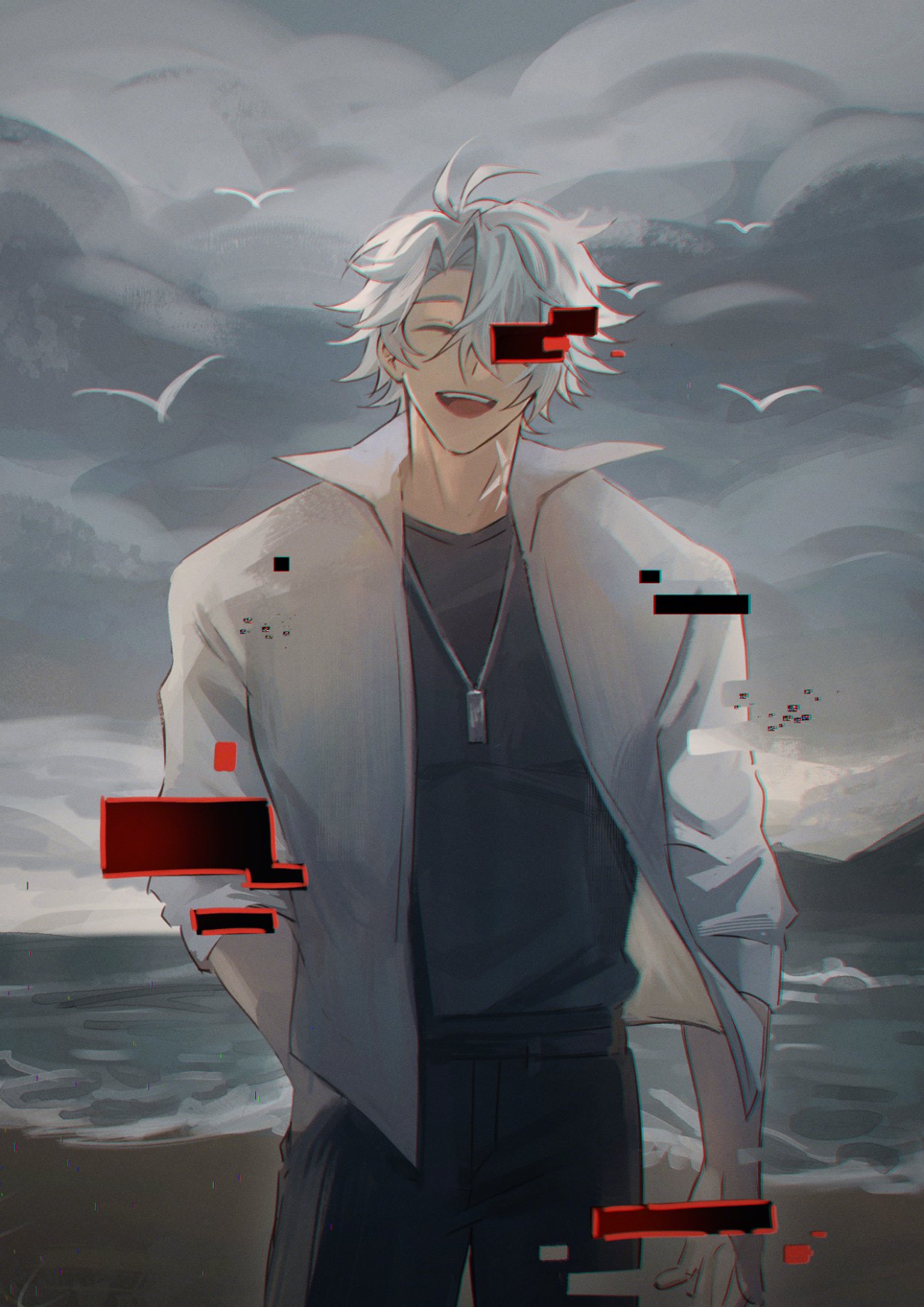 dadadabibadum, phainon (honkai: star rail), honkai: star rail, honkai (series), highres, 1boy, alternate costume, beach, black pants, black shirt, closed eyes, cloud, cloudy sky, crossed bangs, facing viewer, glitch, grey hair, grey jacket, hair between eyes, jacket, male focus, open mouth, pants, parted bangs, shirt, short hair, sky, smile, solo, teeth, upper teeth only