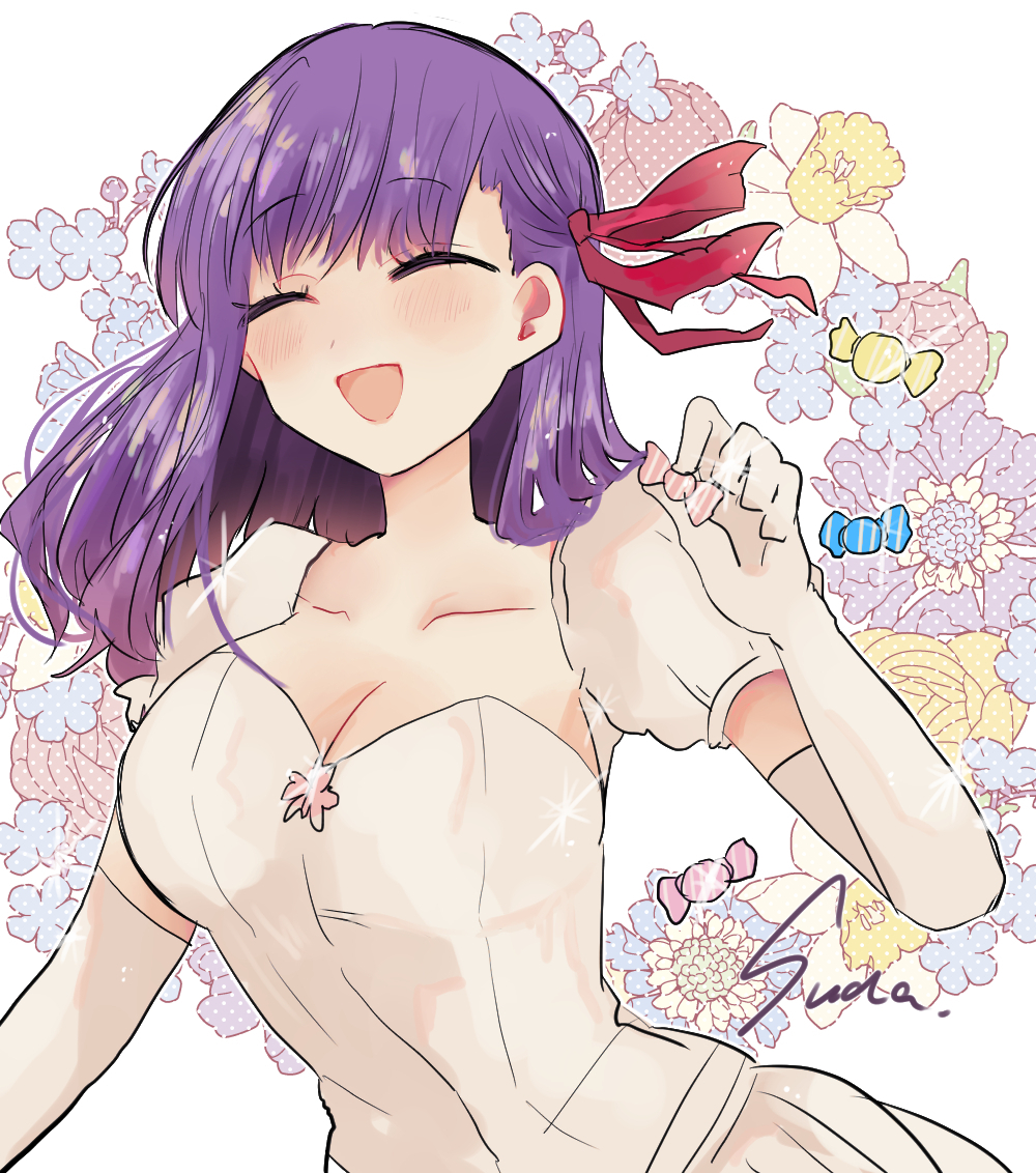 sudaeda, matou sakura, fate/stay night, fate (series), heaven's feel, commentary request, 1girl, blush, breasts, candy, cleavage, collarbone, detached sleeves, dress, elbow gloves, floating hair, food, gloves, hair ribbon, holding, holding candy, holding food, large breasts, long hair, official alternate costume, open mouth, purple hair, red ribbon, ribbon, signature, smile, solo, white dress, white gloves