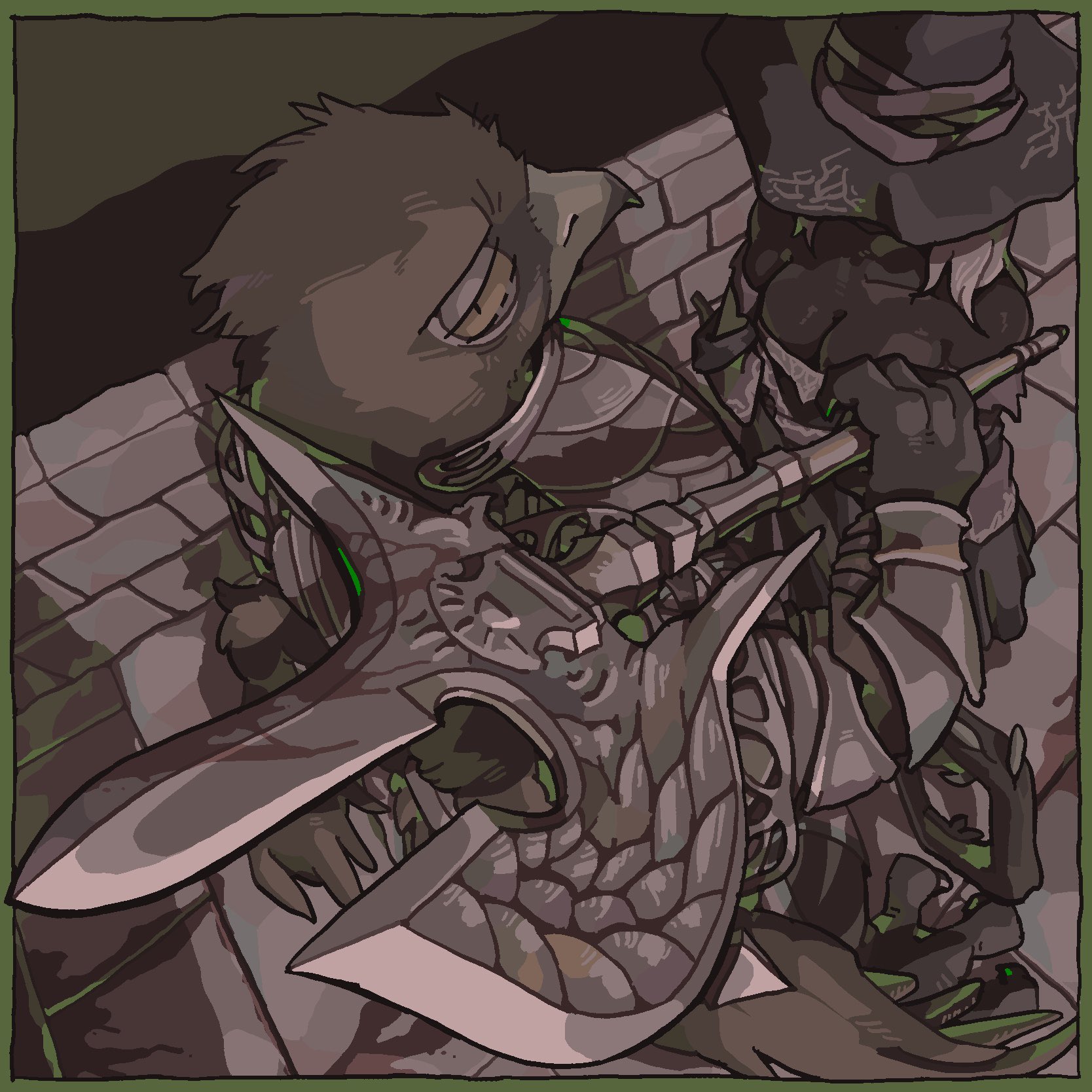 vetiver, guardian (elden ring), recluse (elden ring), elden ring, elden ring nightreign, highres, 1boy, 1girl, animal head, armor, beak, bird boy, black dress, black hat, black skin, breastplate, breasts, cleavage, colored skin, dark-skinned female, dark skin, dress, feathered wings, glaive (polearm), hat, hat over eyes, holding, holding polearm, holding weapon, large hat, looking at viewer, over shoulder, polearm, profile, shoulder armor, vambraces, very dark skin, weapon, weapon over shoulder, white hair, wings, witch, witch hat, yellow eyes