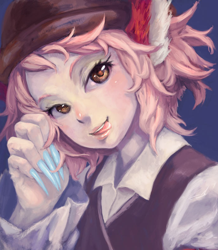 binayu, mystia lorelei, touhou, 1girl, animal ears, blue nails, brown eyes, female focus, fingernails, hat, long fingernails, nail polish, pink hair, short hair, solo, tongue