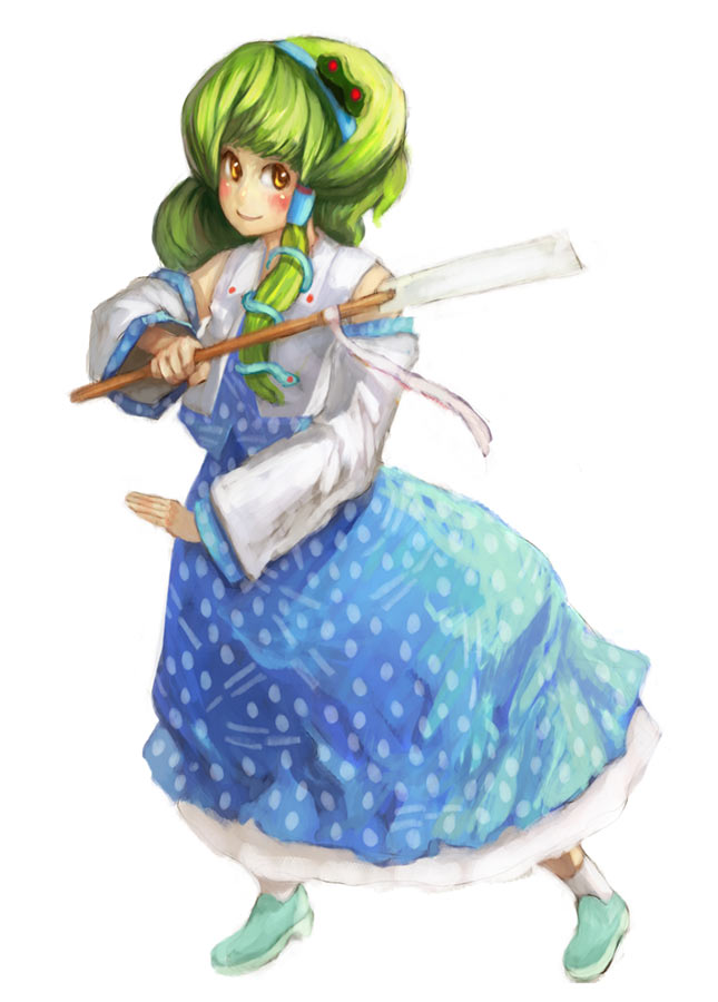 binayu, kochiya sanae, touhou, 1girl, blue skirt, blush, contrapposto, detached sleeves, female focus, frog hair ornament, full body, gohei, green hair, green shoes, hair ornament, hair tubes, looking at viewer, oonusa, shoes, simple background, skirt, smile, snake hair ornament, solo, standing, vest, wide sleeves, yellow eyes