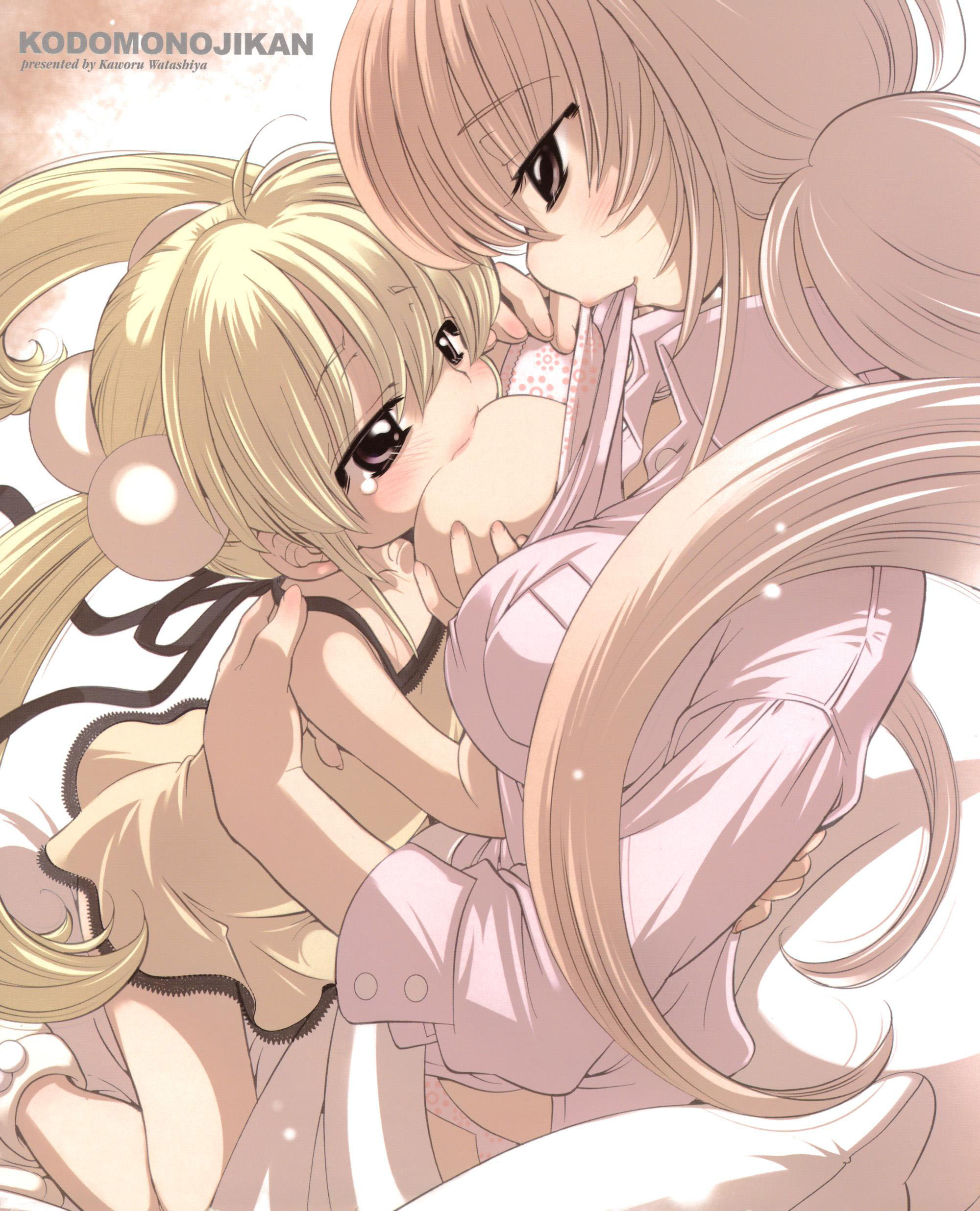 watashiya kaworu, kokonoe aki, kokonoe rin, kodomo no jikan, absurdres, highres, official art, 00s, 2girls, age difference, blush, breast slip, breast sucking, breastfeeding, breasts, dress, eye contact, hair bobbles, hair ornament, large breasts, loli, looking at another, mother and daughter, multiple girls, one breast out, onee-loli, small breasts, yuri